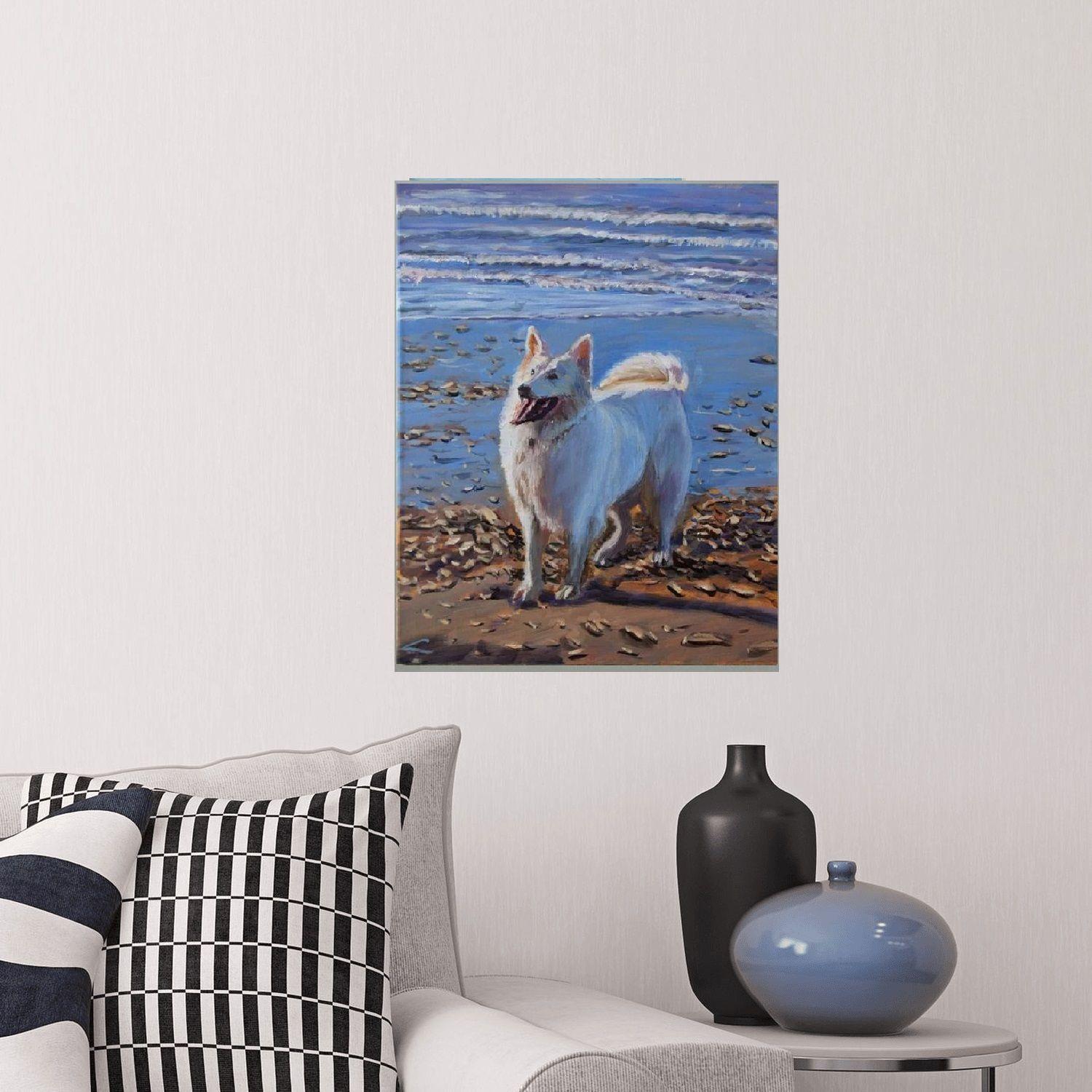 Dog at the sea, Painting, Oil on Canvas - Gray Animal Painting by Elena Sokolova