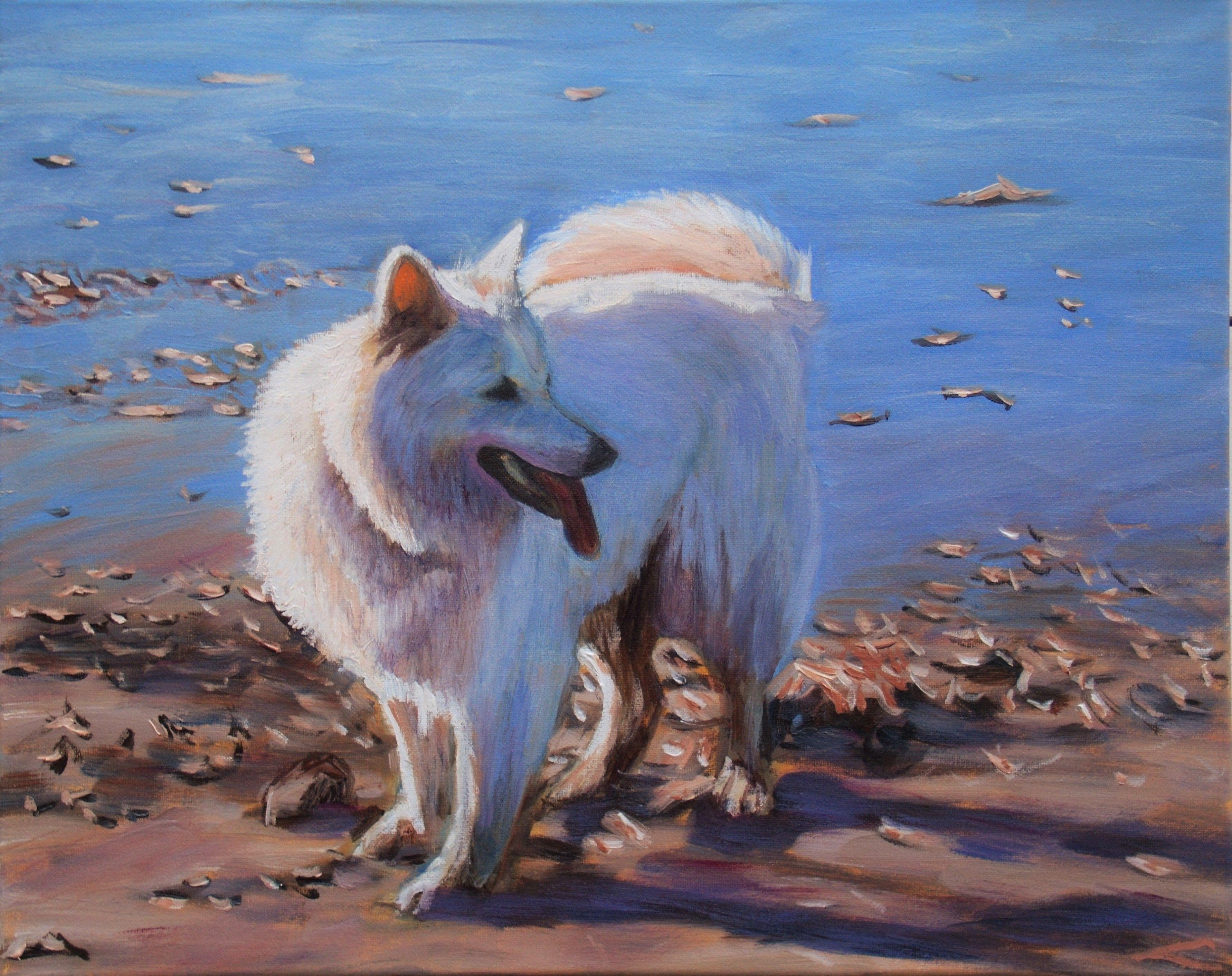 Elena Sokolova Animal Painting - Dog at the sea, Painting, Oil on Canvas