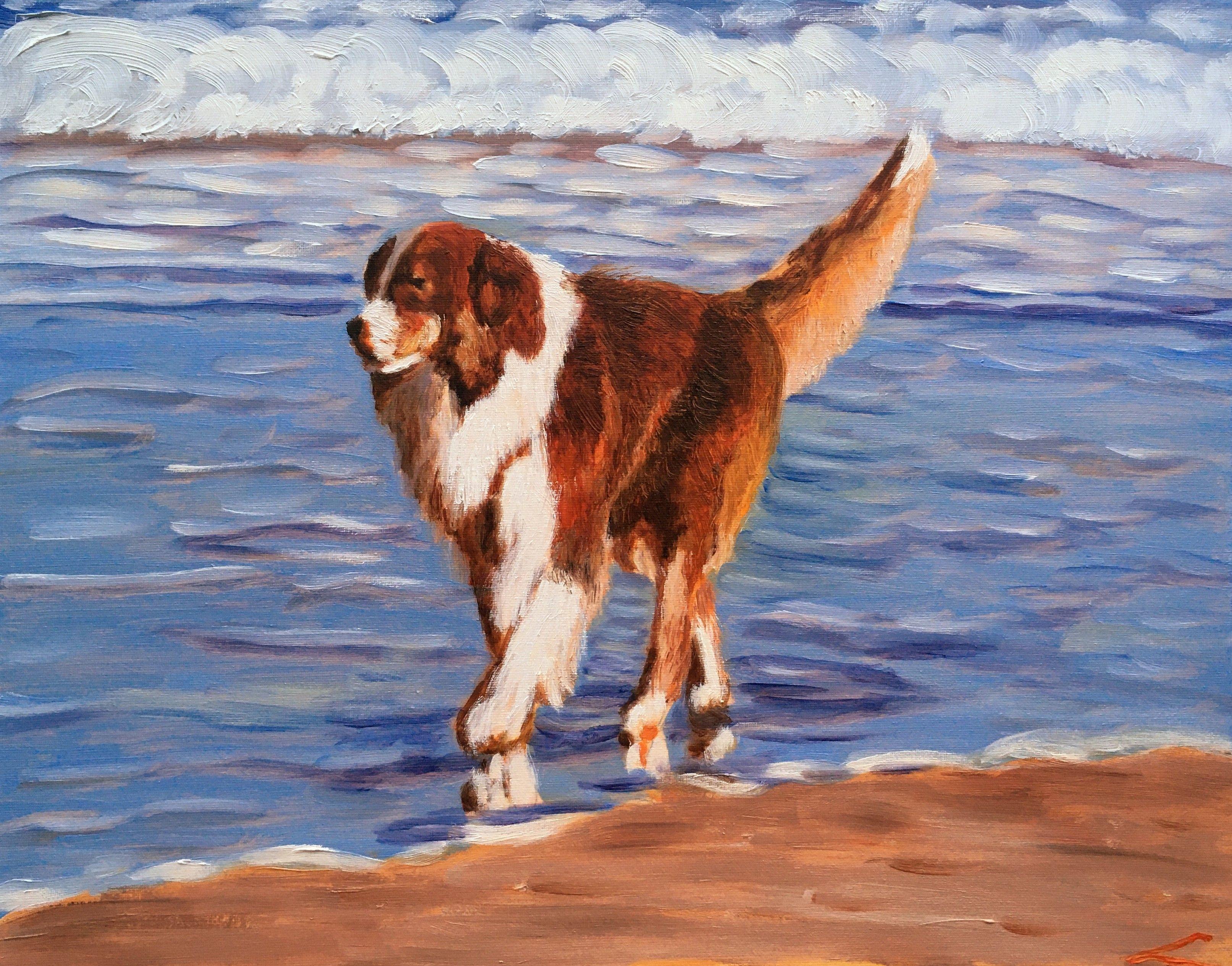 Elena Sokolova Animal Painting - Dog at the sea, Painting, Oil on Canvas