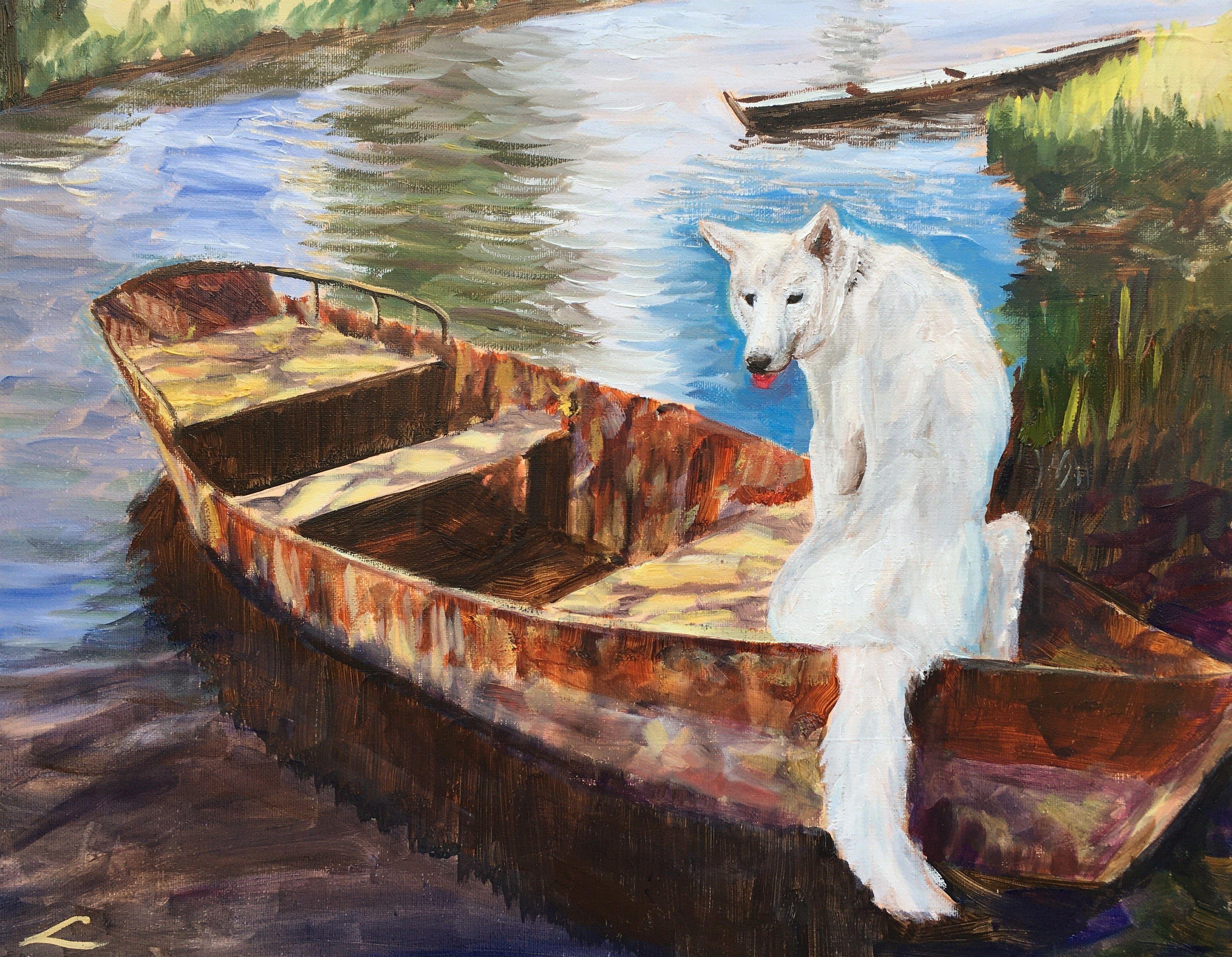 Elena Sokolova Animal Painting - Dog in the boat, Painting, Oil on Canvas
