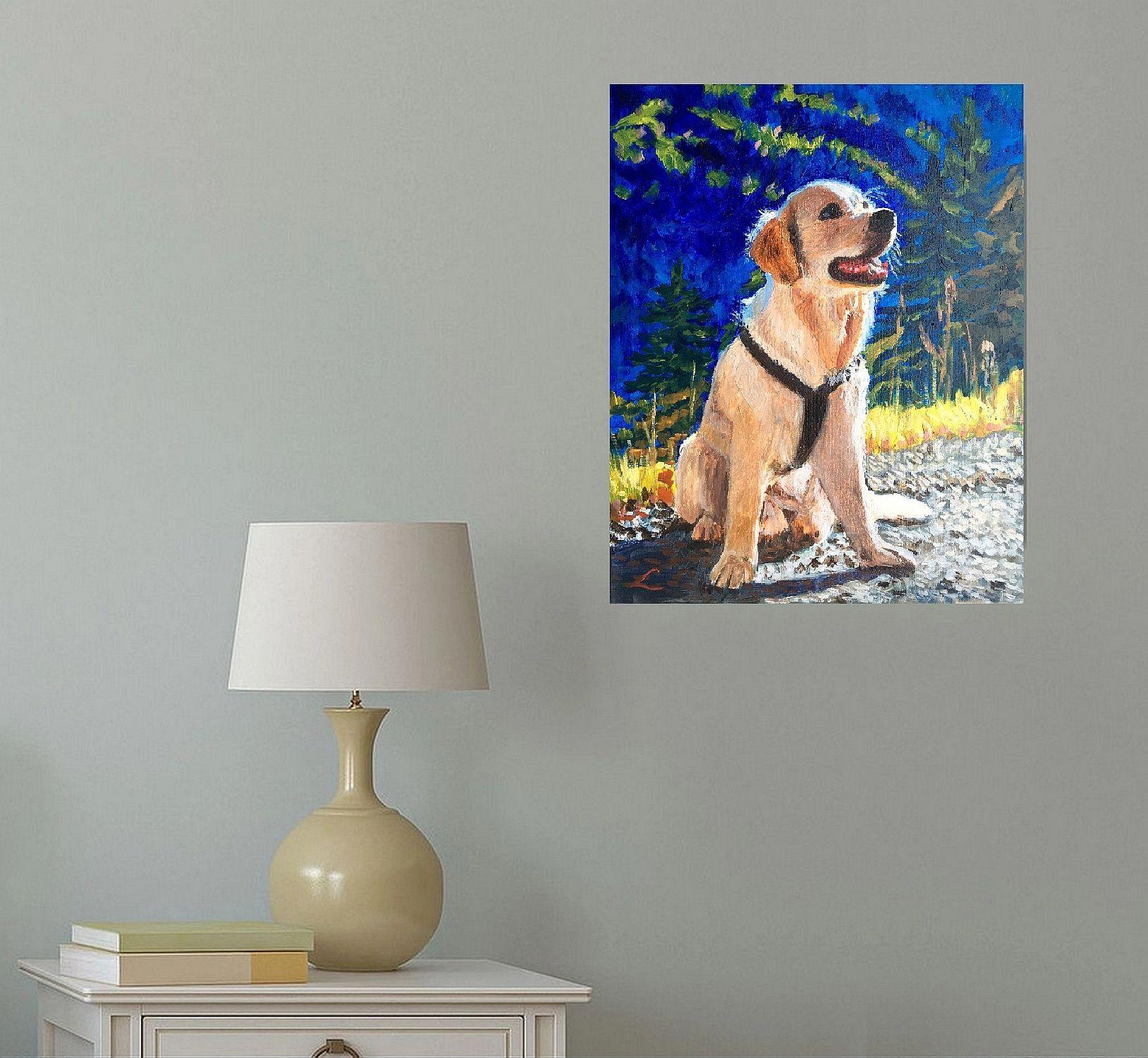 Dog on the mountain road, Painting, Oil on Canvas For Sale 1