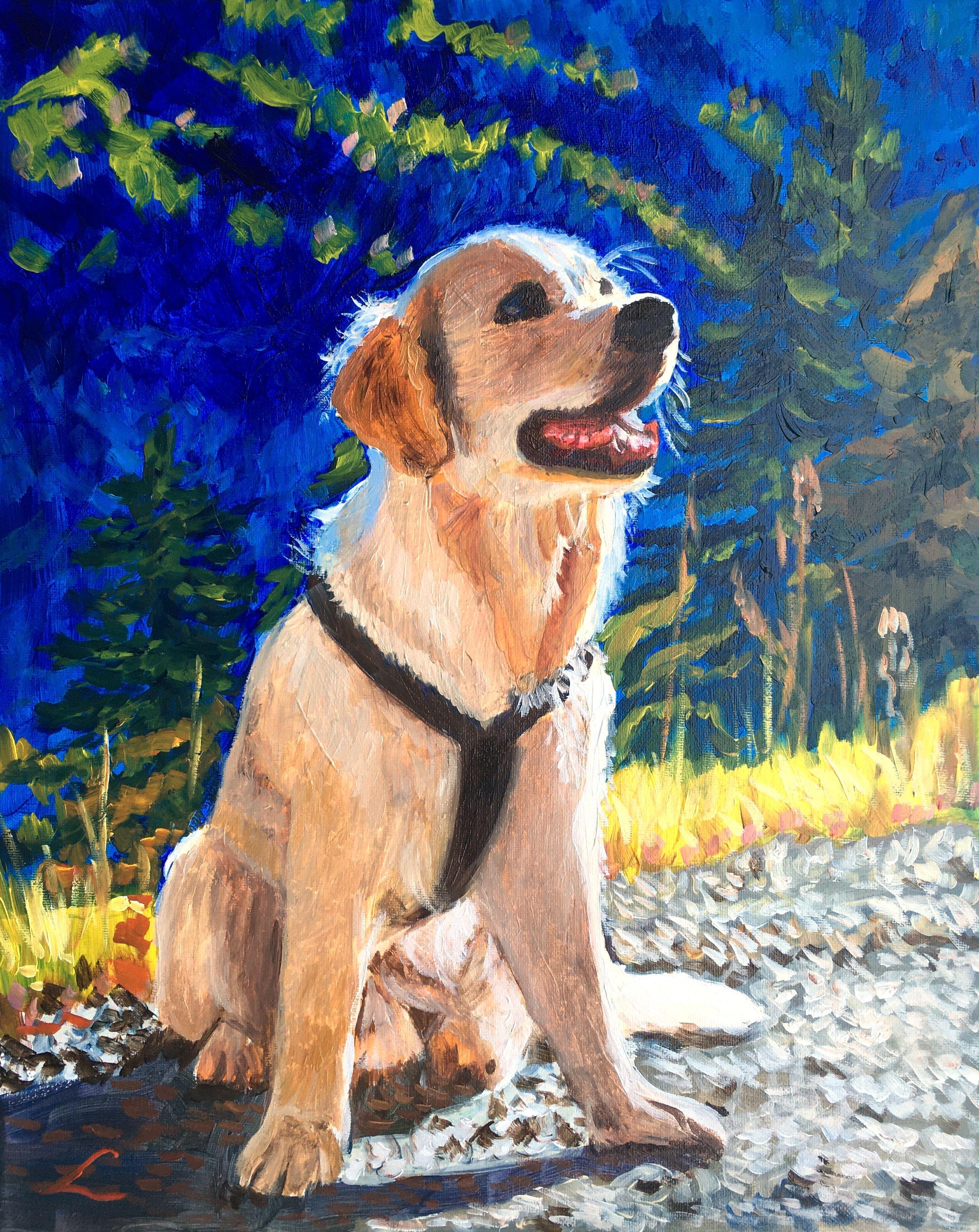 Dog, sitting on the mountain road, painted by oil on canvas :: Painting :: Impressionist :: This piece comes with an official certificate of authenticity signed by the artist :: Ready to Hang: Yes :: Signed: Yes :: Signature Location: on front ::