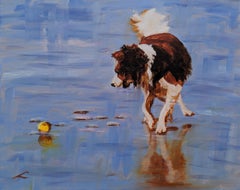 Hunde mit Kugel, Gemälde, Öl auf Leinwand