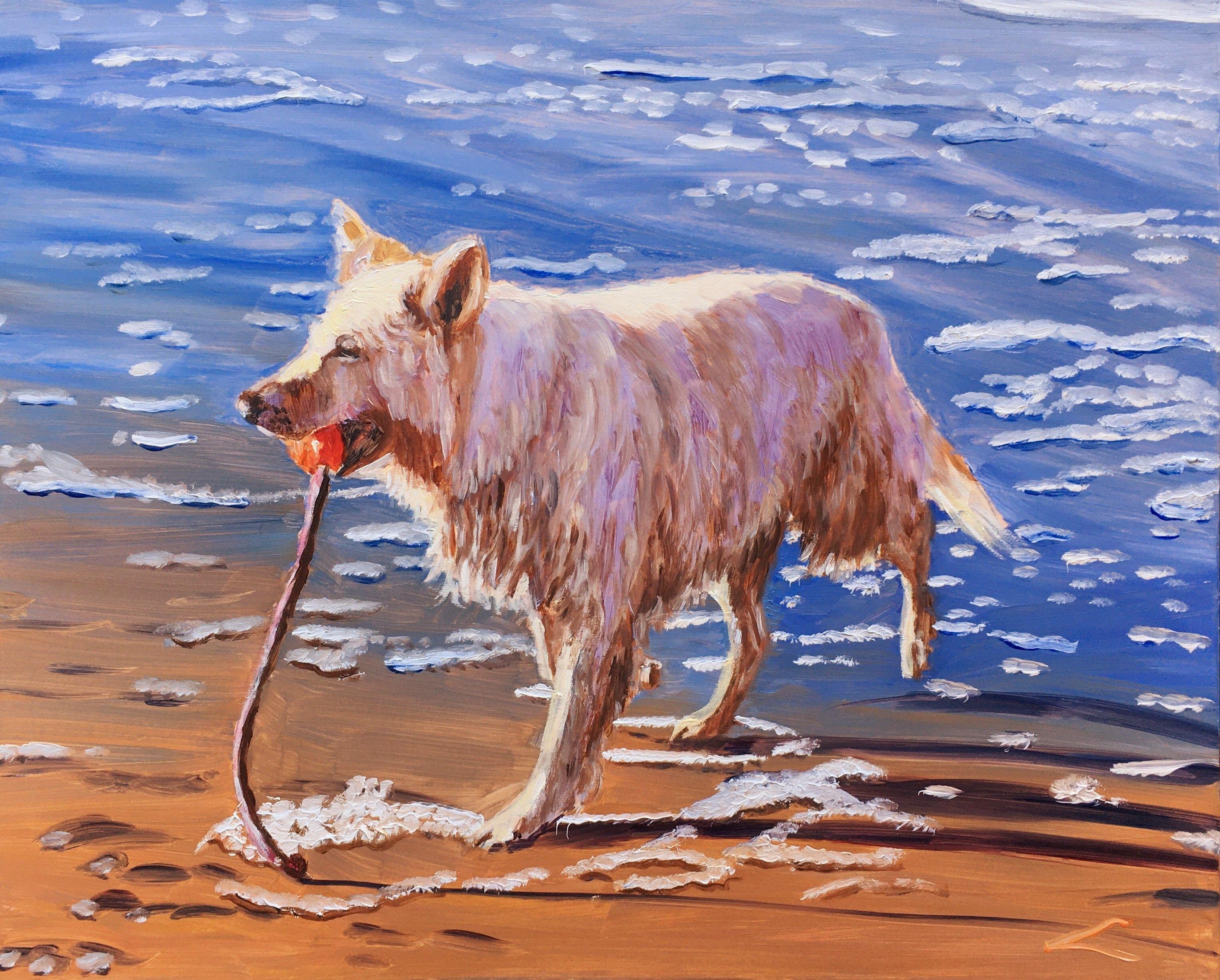 Animal Painting Elena Sokolova - Peinture, huile sur toile, chien avec un jouet
