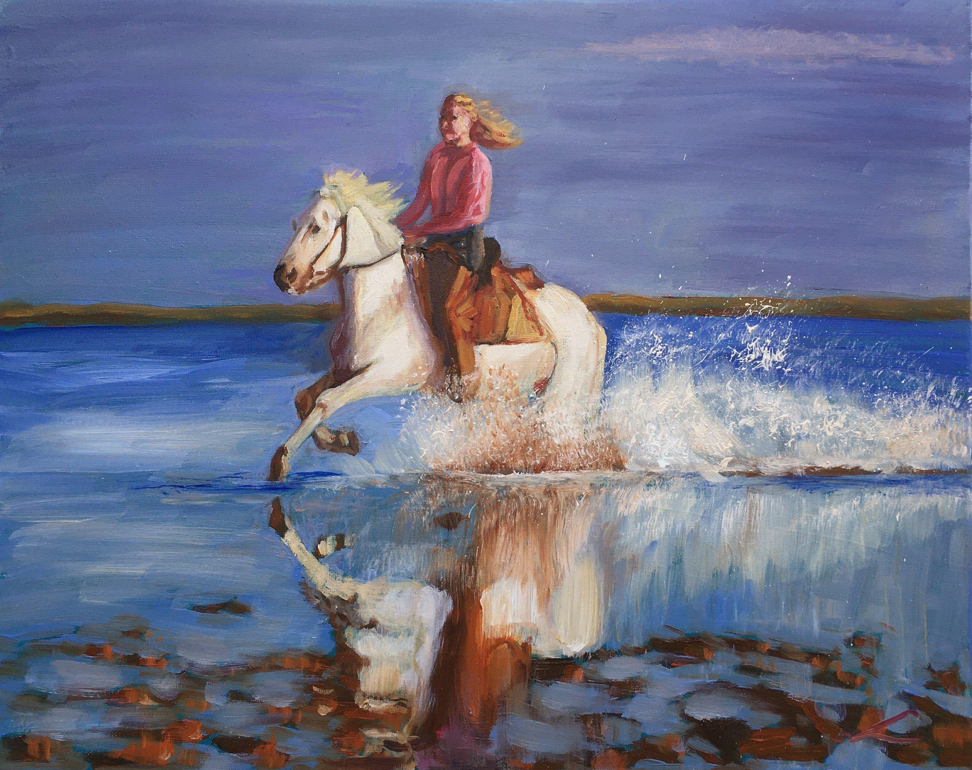 Horse riding girl at the sea. Alla prima oil painting with few final tuch when dry.A place that is peaceful in its own ways. It is the place to go to get away from all my troubles.  :: Painting :: Impressionist :: This piece comes with an official