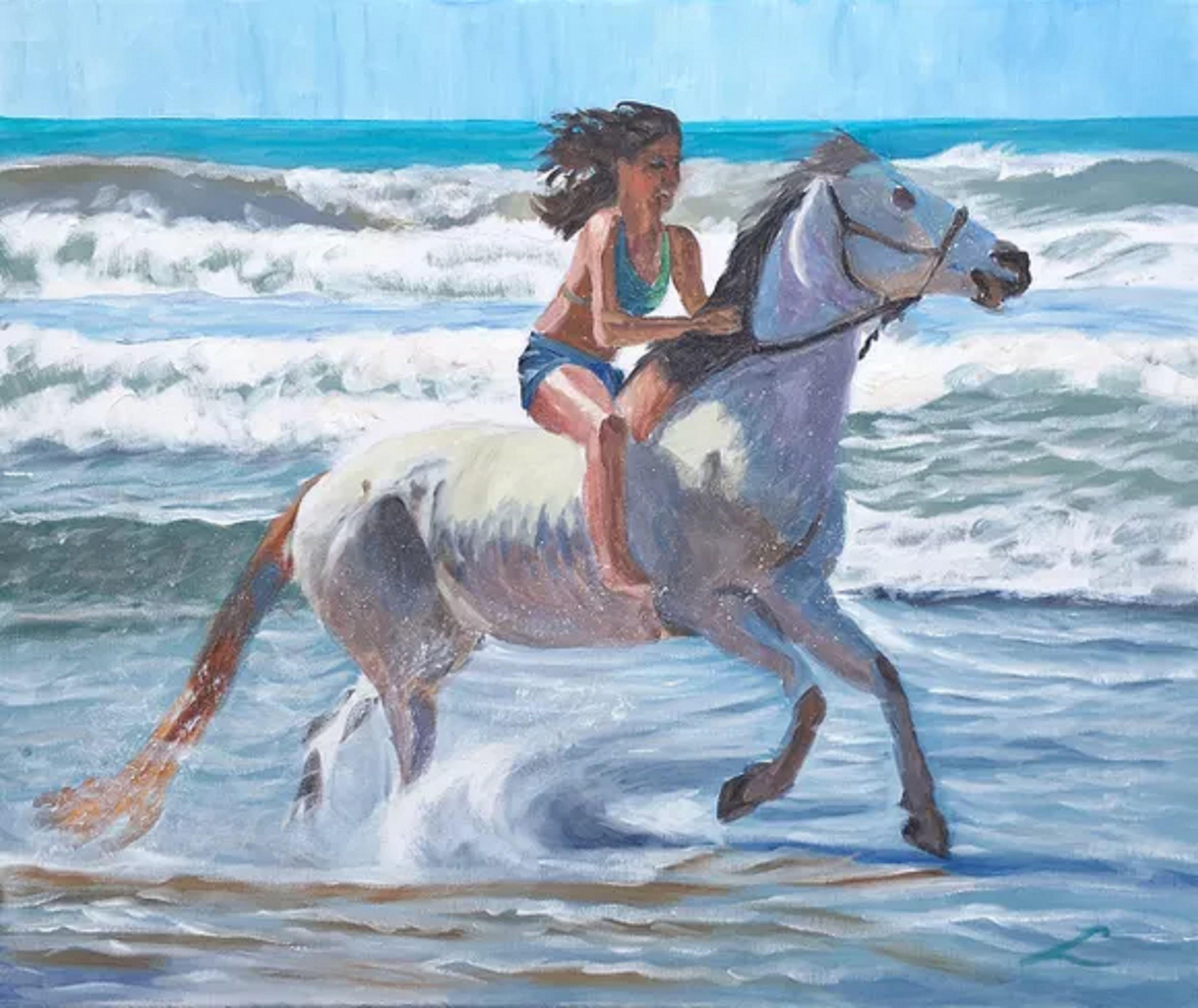 Girl riding a horse at the sea, painted by oil on canvas :: Painting :: Impressionist :: This piece comes with an official certificate of authenticity signed by the artist :: Ready to Hang: Yes :: Signed: Yes :: Signature Location: on front ::