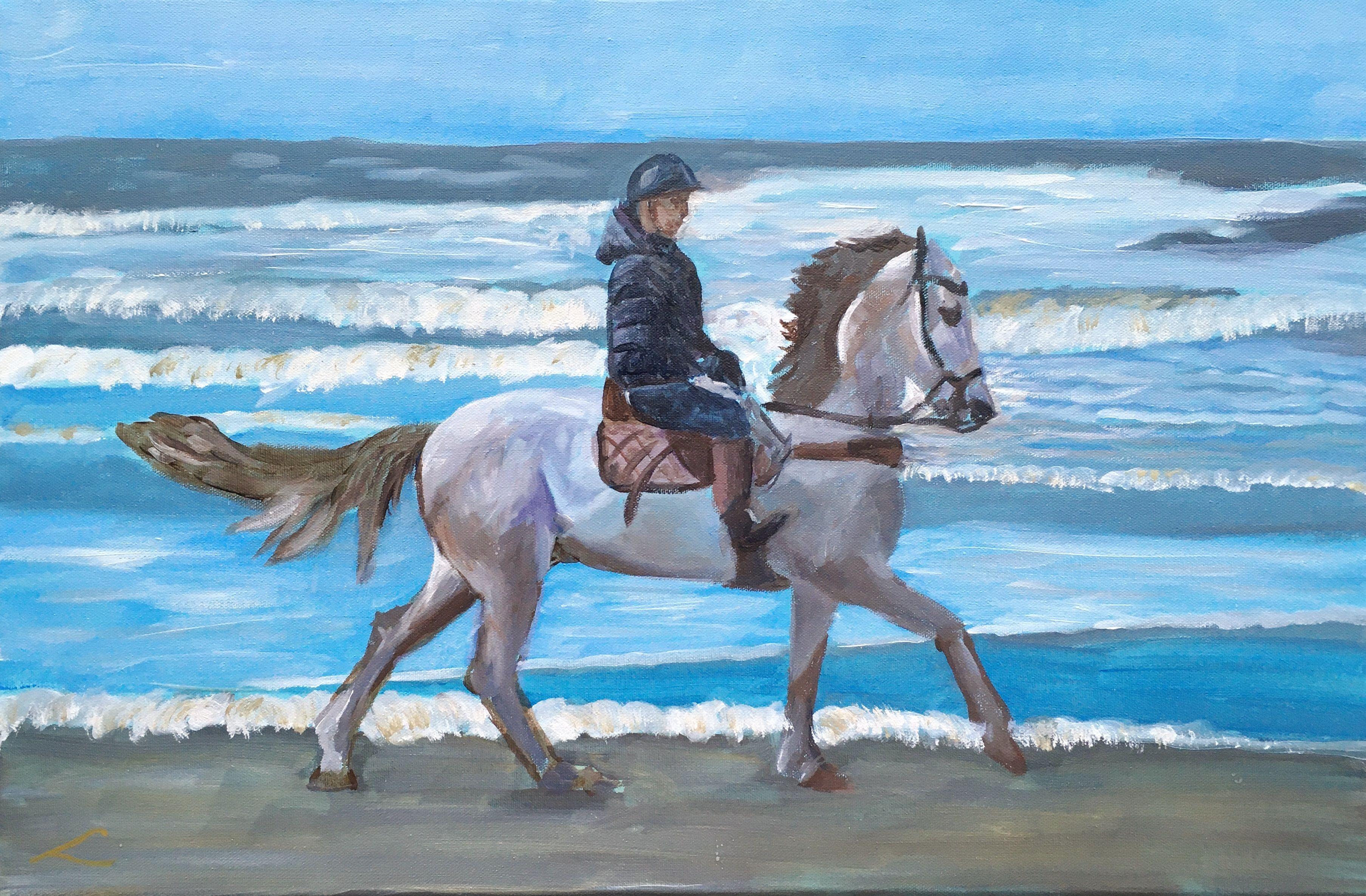 Girl, riding a horse along the beach, painted by oil on canvas :: Painting :: Impressionist :: This piece comes with an official certificate of authenticity signed by the artist :: Ready to Hang: Yes :: Signed: Yes :: Signature Location: on front ::