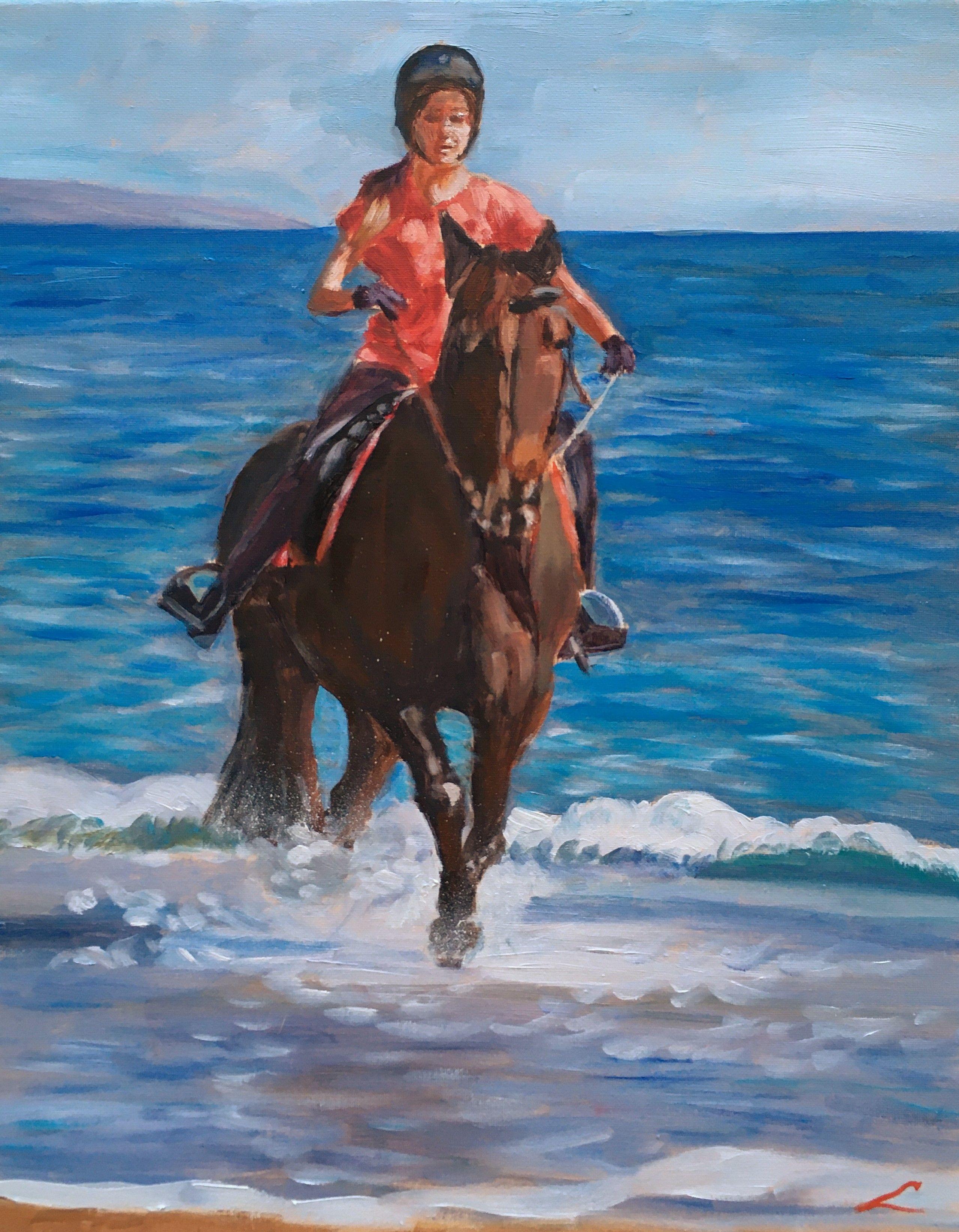 Horse riding girl at the sea. Alla prima oil painting with few final tuch when dry.  A place that is peaceful in its own ways. It is the place to go to get away from all my troubles. :: Painting :: Impressionist :: This piece comes with an official