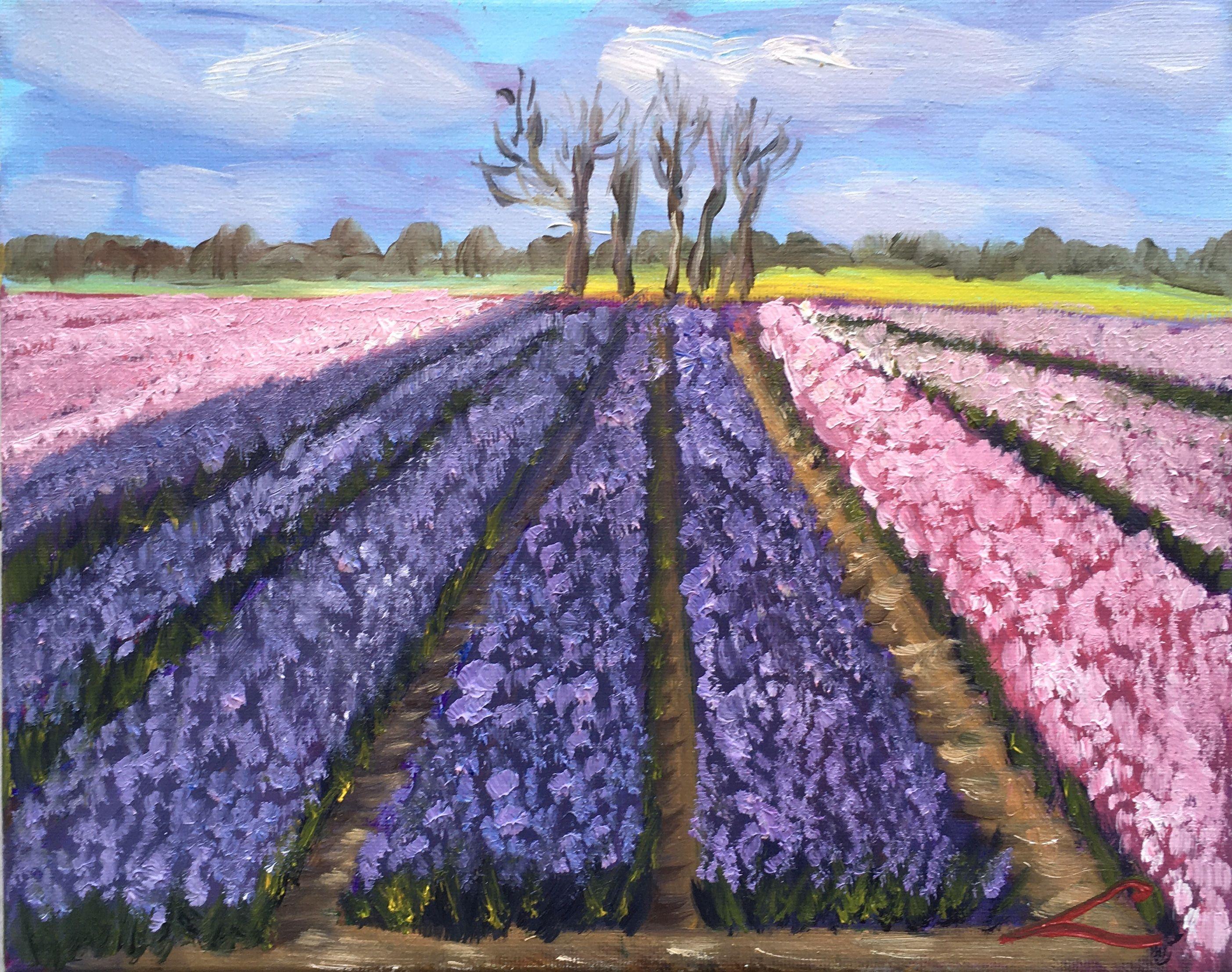 Campo de flores, Pintura, Óleo sobre lienzo - Painting de Elena Sokolova