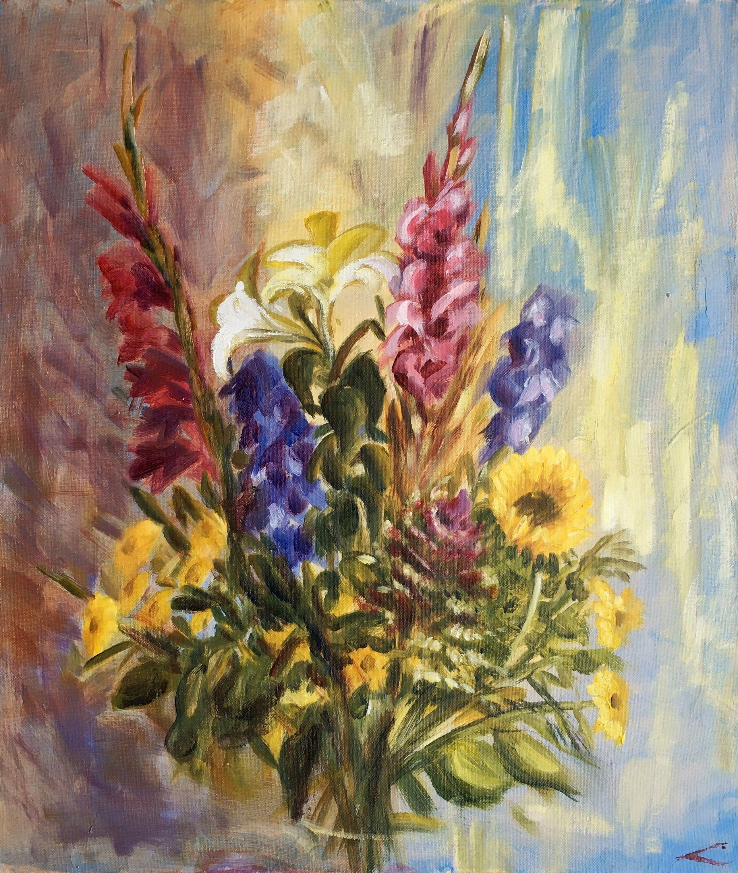 Just flowers for inspiration :: Painting :: Impressionist :: This piece comes with an official certificate of authenticity signed by the artist :: Ready to Hang: Yes :: Signed: Yes :: Signature Location: on front :: Canvas :: Portrait :: Original ::