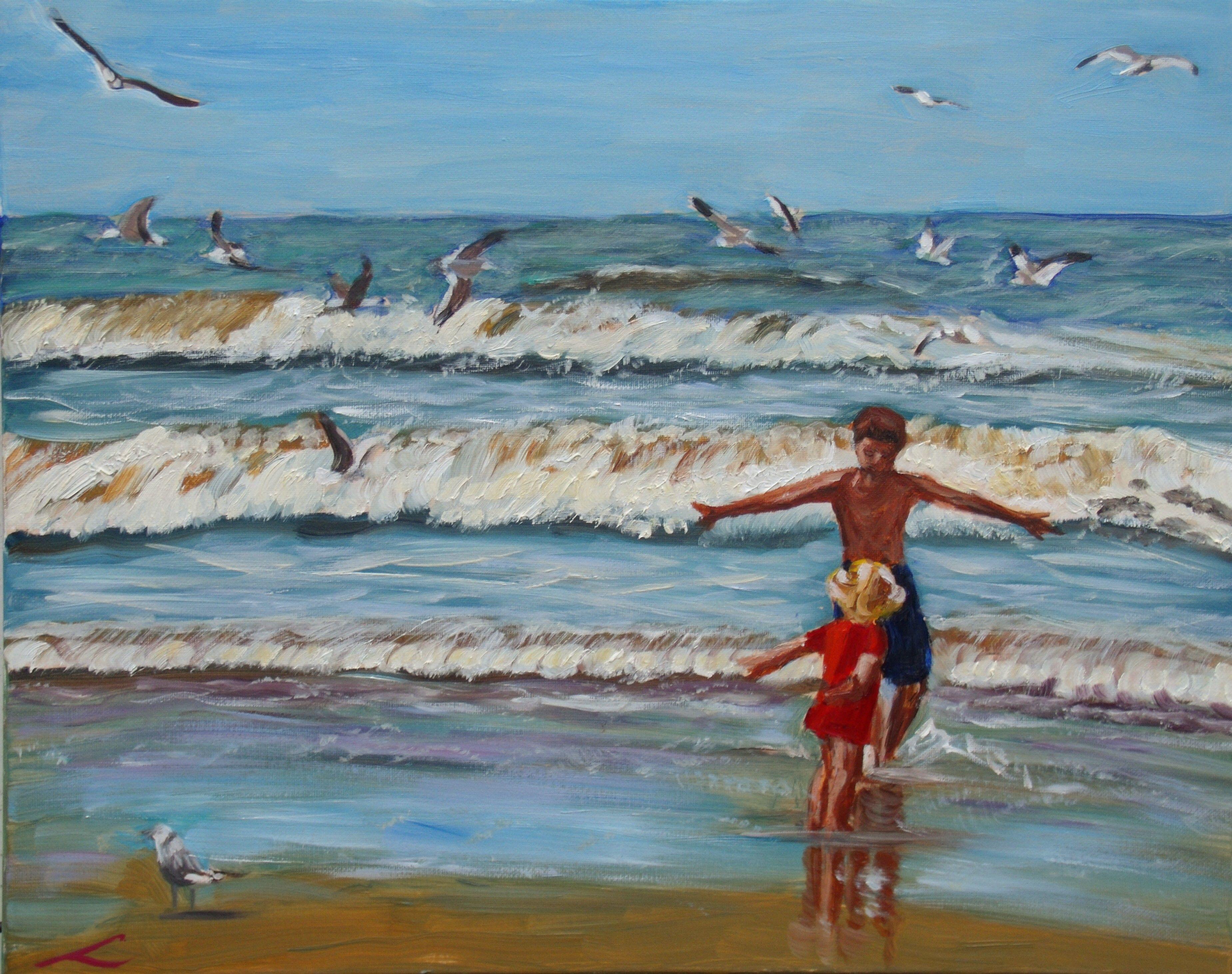 Voler avec les mouettes, Peinture, Huile sur toile - Painting de Elena Sokolova