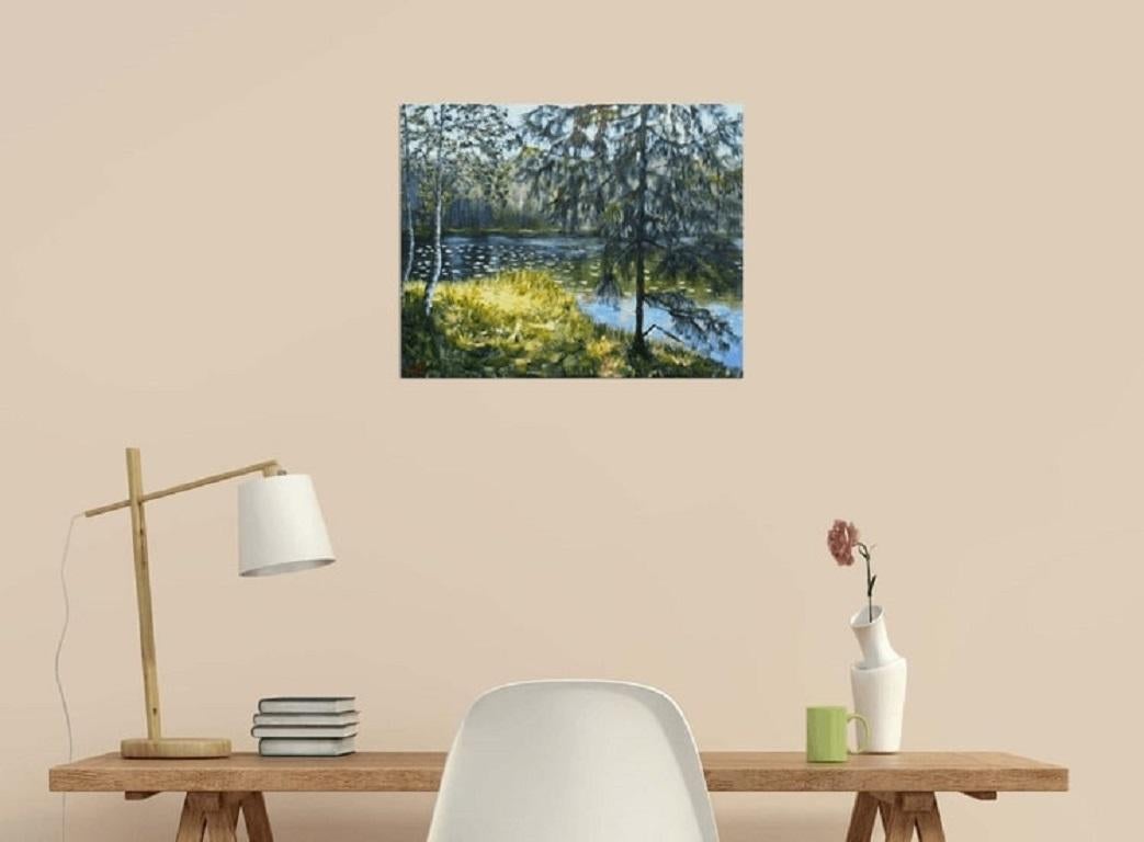 Landscape at the lake in the forest. Studio painting after the plain air at the location. :: Painting :: Impressionist :: This piece comes with an official certificate of authenticity signed by the artist :: Ready to Hang: Yes :: Signed: Yes ::