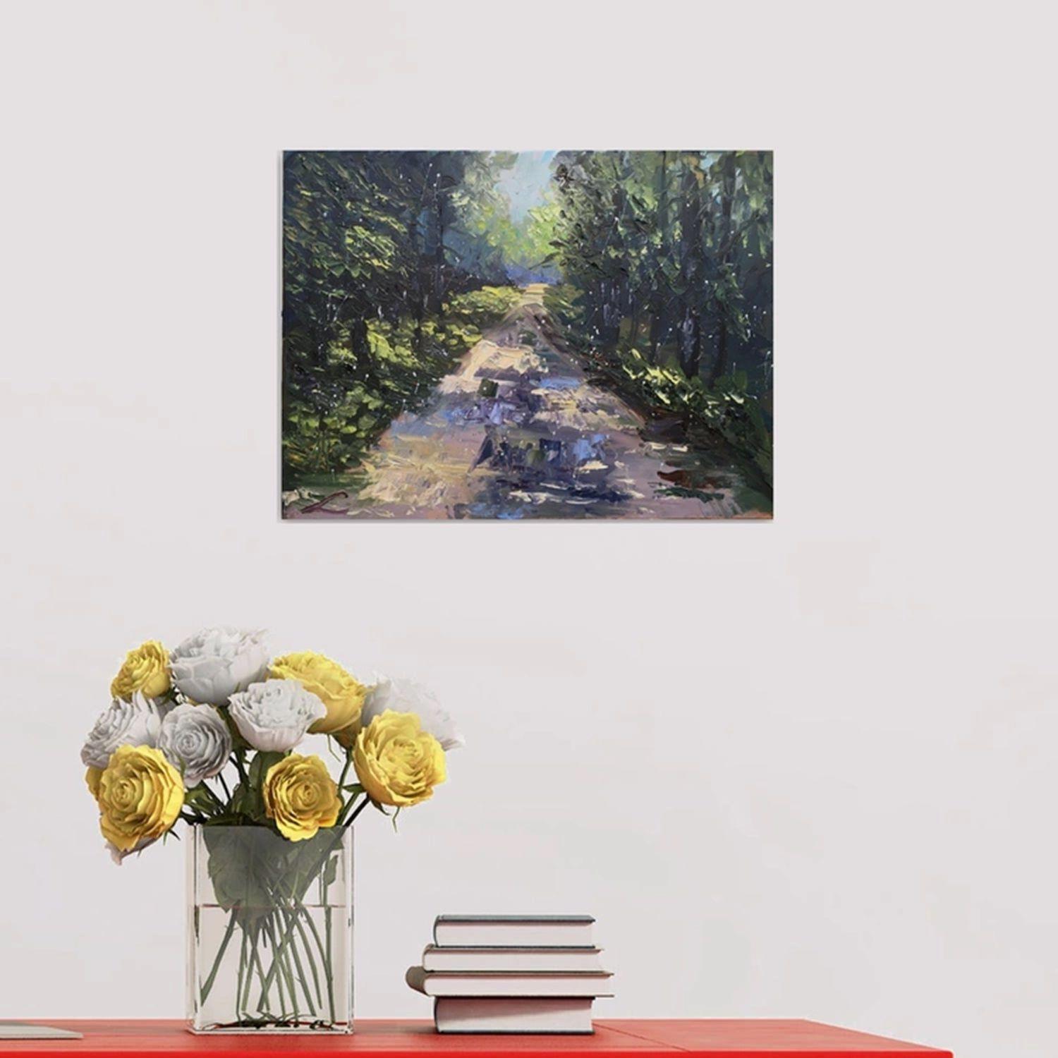 Forest road in rain, Gemälde, Öl auf Leinwand (Impressionismus), Painting, von Elena Sokolova