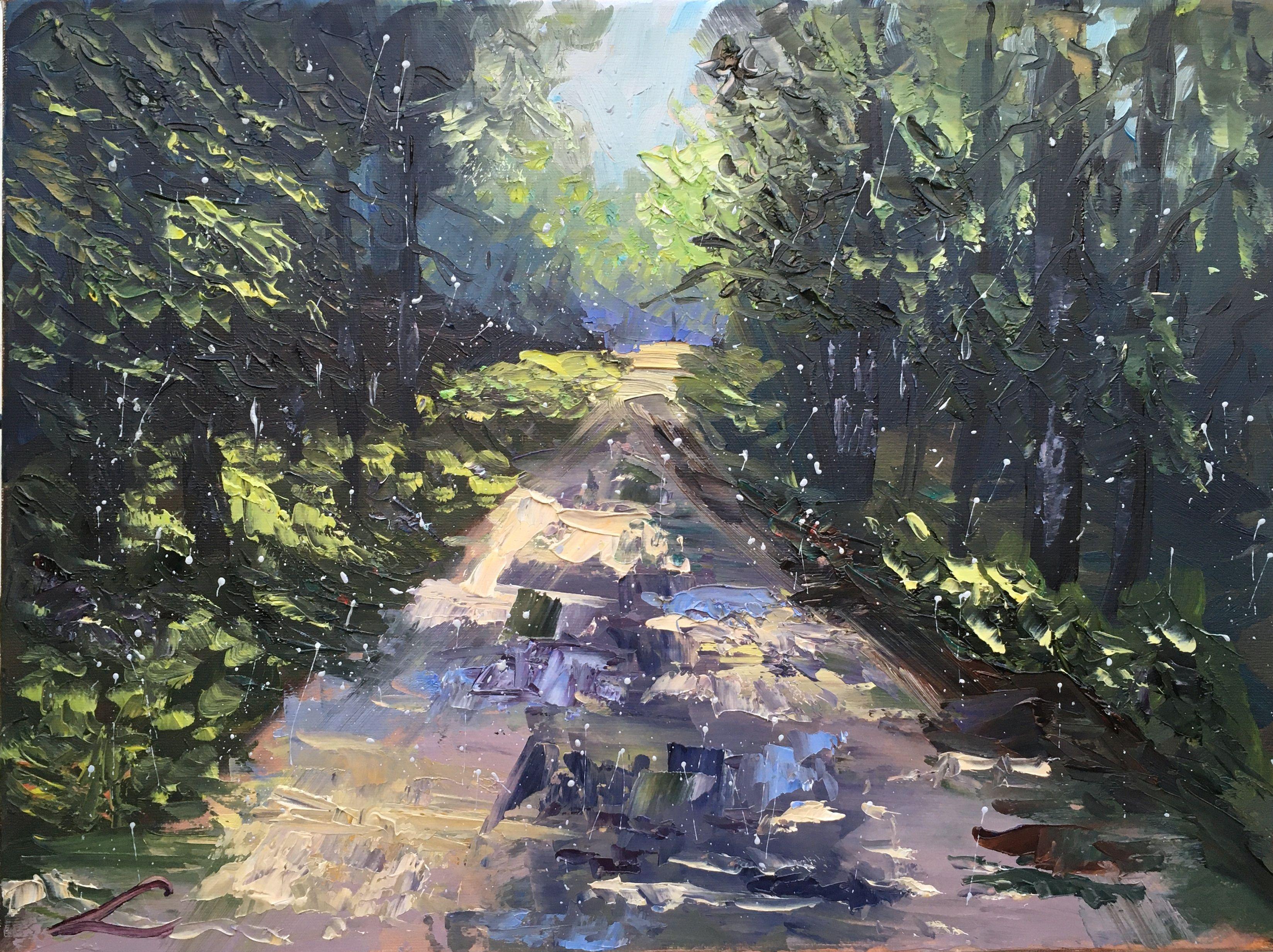 Forest road in rain, Gemälde, Öl auf Leinwand