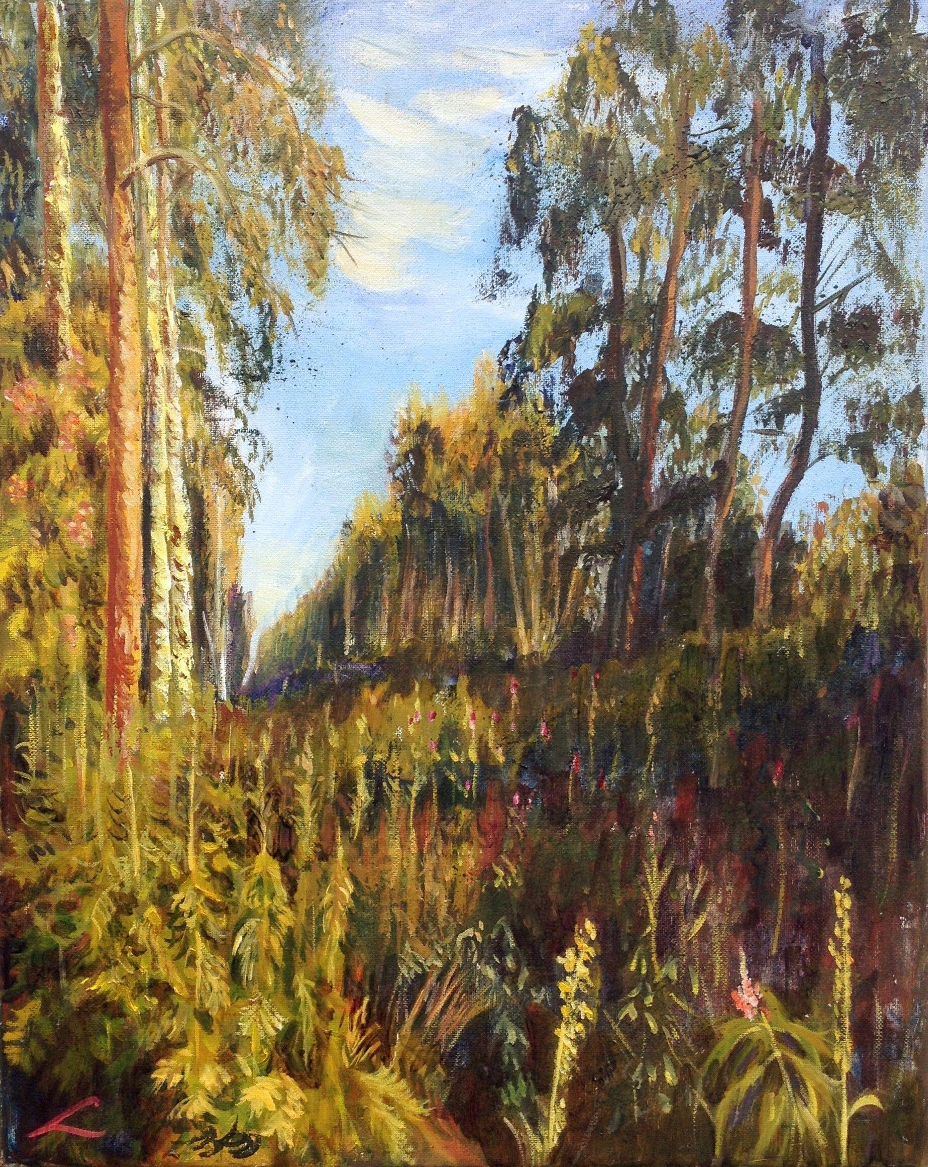 Elena Sokolova Landscape Painting – Forest way in the evening light, Gemälde, Öl auf Leinwand