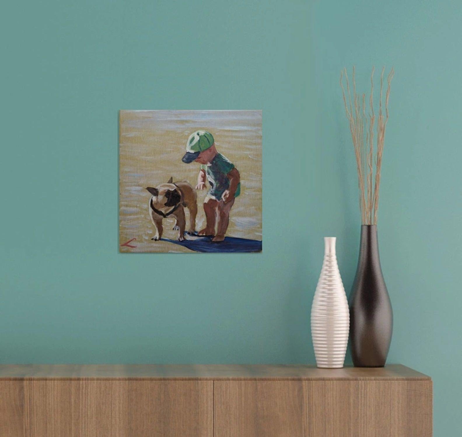 Das Bild zeigt eine warme und freundliche Atmosphäre und ist ein Gemälde von einem kleinen Jungen und seinem Hund am Strand :: Gemälde :: Impressionist :: Dieses Werk wird mit einem offiziellen, vom Künstler unterzeichneten Echtheitszertifikat