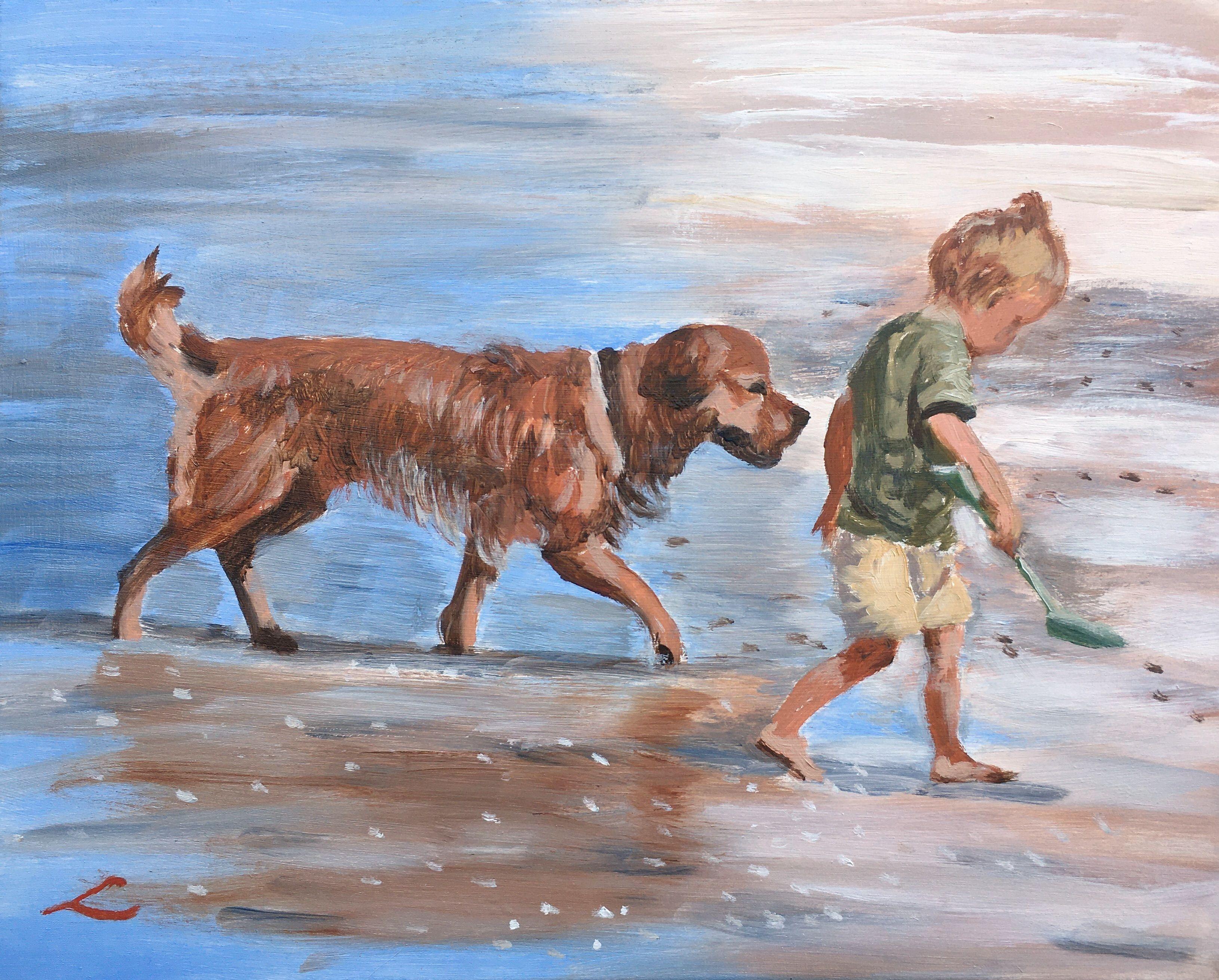 Small boy and a dog at the sea, painted by oil on canvas. :: Painting :: Impressionist :: This piece comes with an official certificate of authenticity signed by the artist :: Ready to Hang: Yes :: Signed: Yes :: Signature Location: on front ::