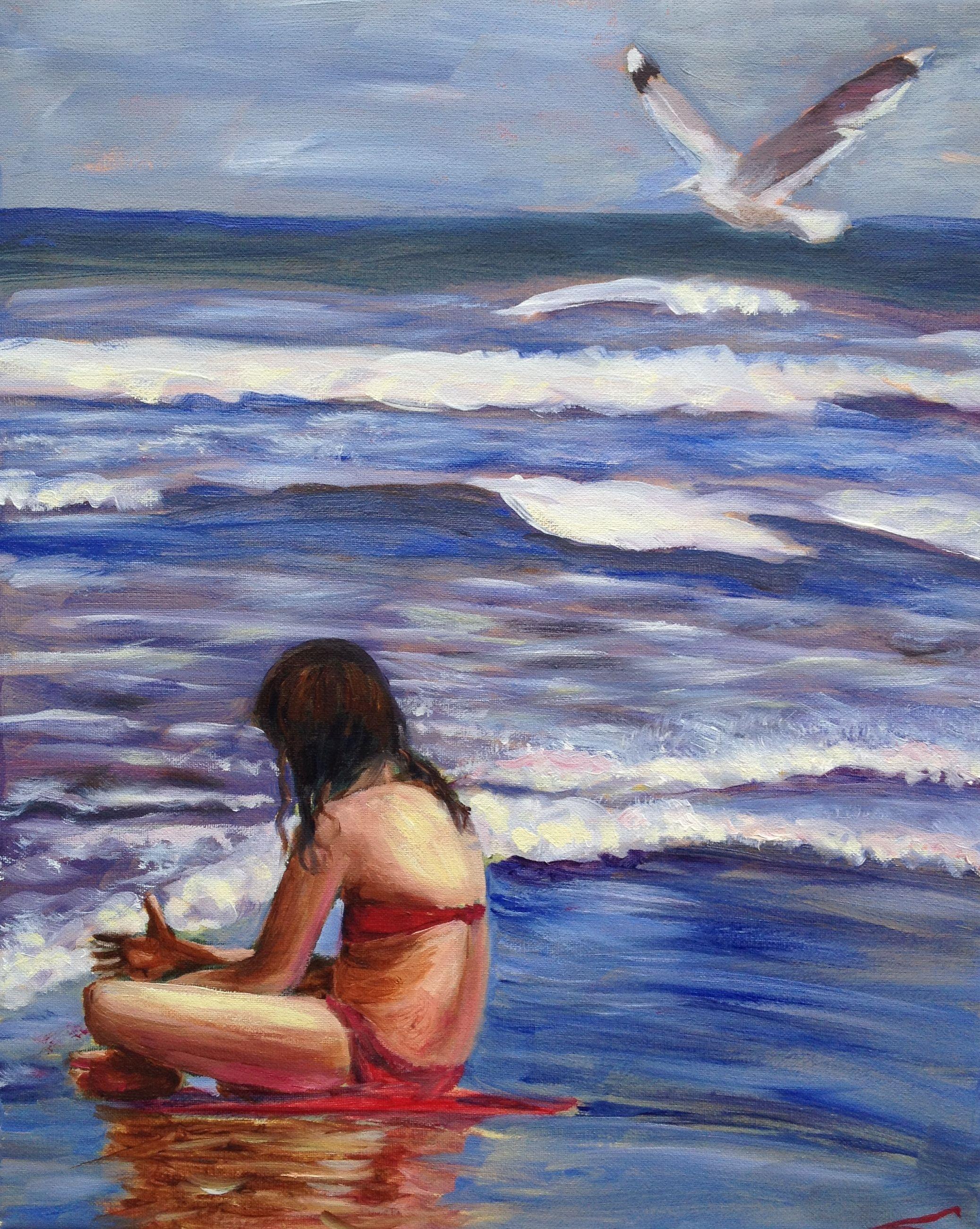 Girl at the sea. Alla prima oil painting with few final tuches when dry. Beach Paintings always inspire thoughts of holidays, long walks, warm breezes and relaxation. beach and ocean themed paintings that will bring the outdoors inside and brighten