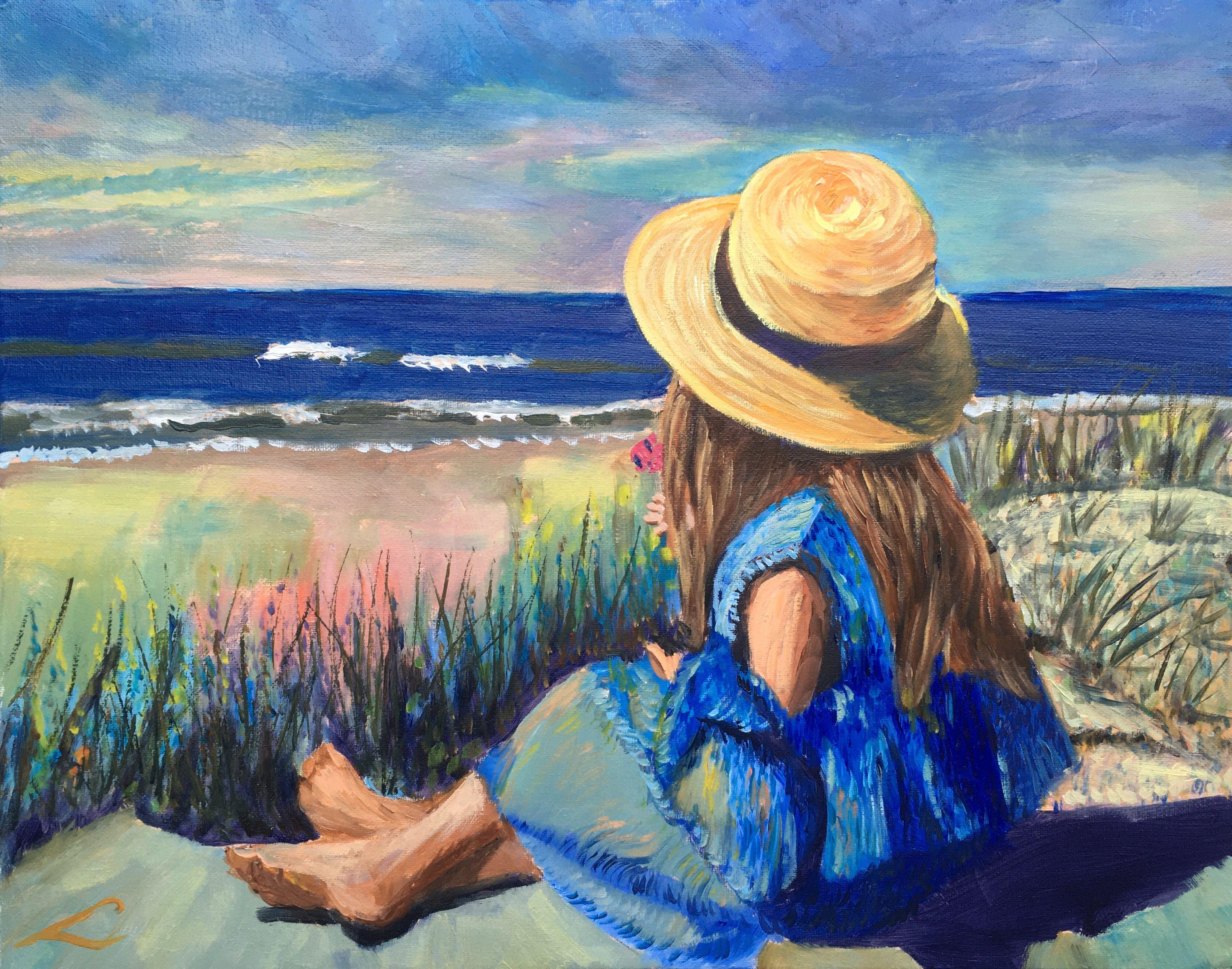 Girl, sitting at the beach, painted by oil on canvas. :: Painting :: Impressionist :: This piece comes with an official certificate of authenticity signed by the artist :: Ready to Hang: Yes :: Signed: Yes :: Signature Location: on front :: Canvas