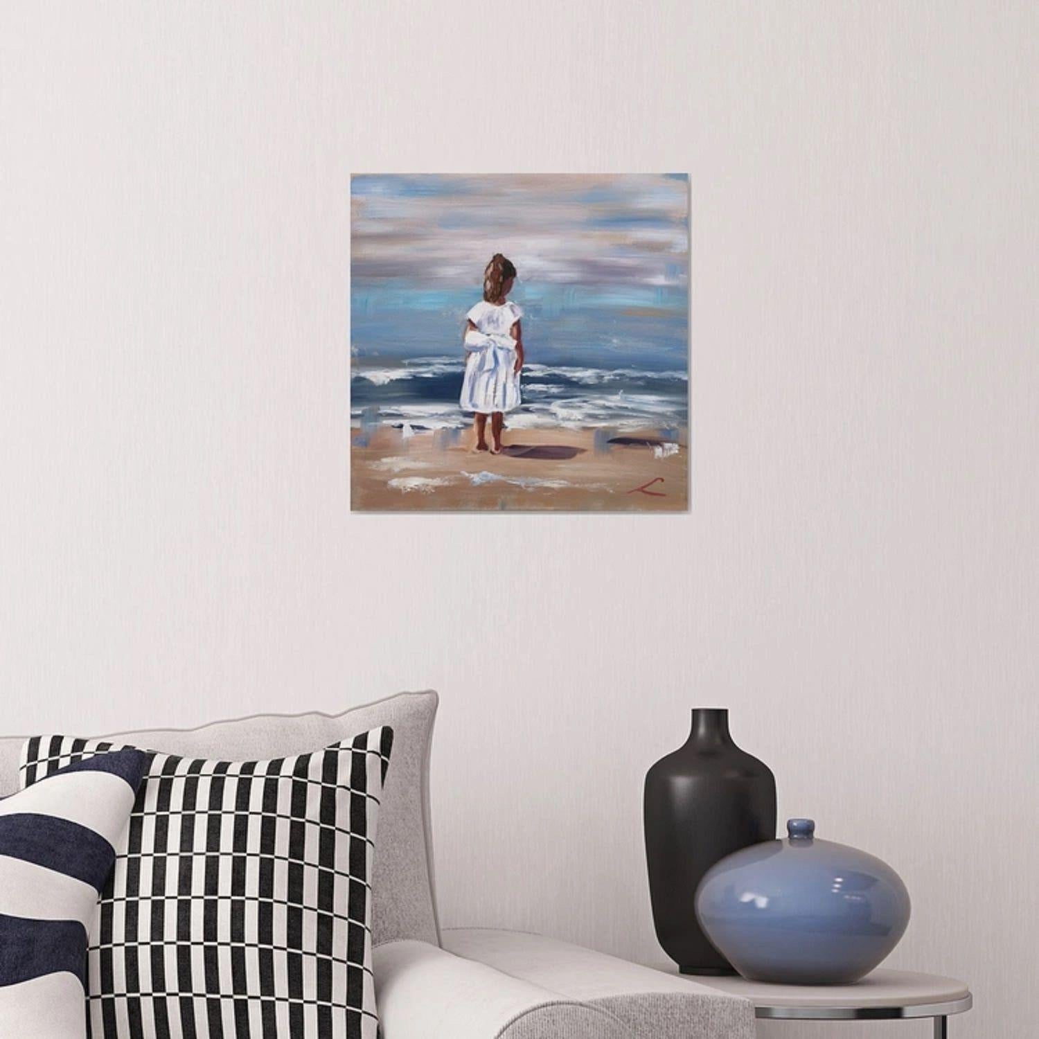 Small girl in a white dress at the sea, painted by oil on canvas. :: Painting :: Impressionist :: This piece comes with an official certificate of authenticity signed by the artist :: Ready to Hang: Yes :: Signed: Yes :: Signature Location: on front