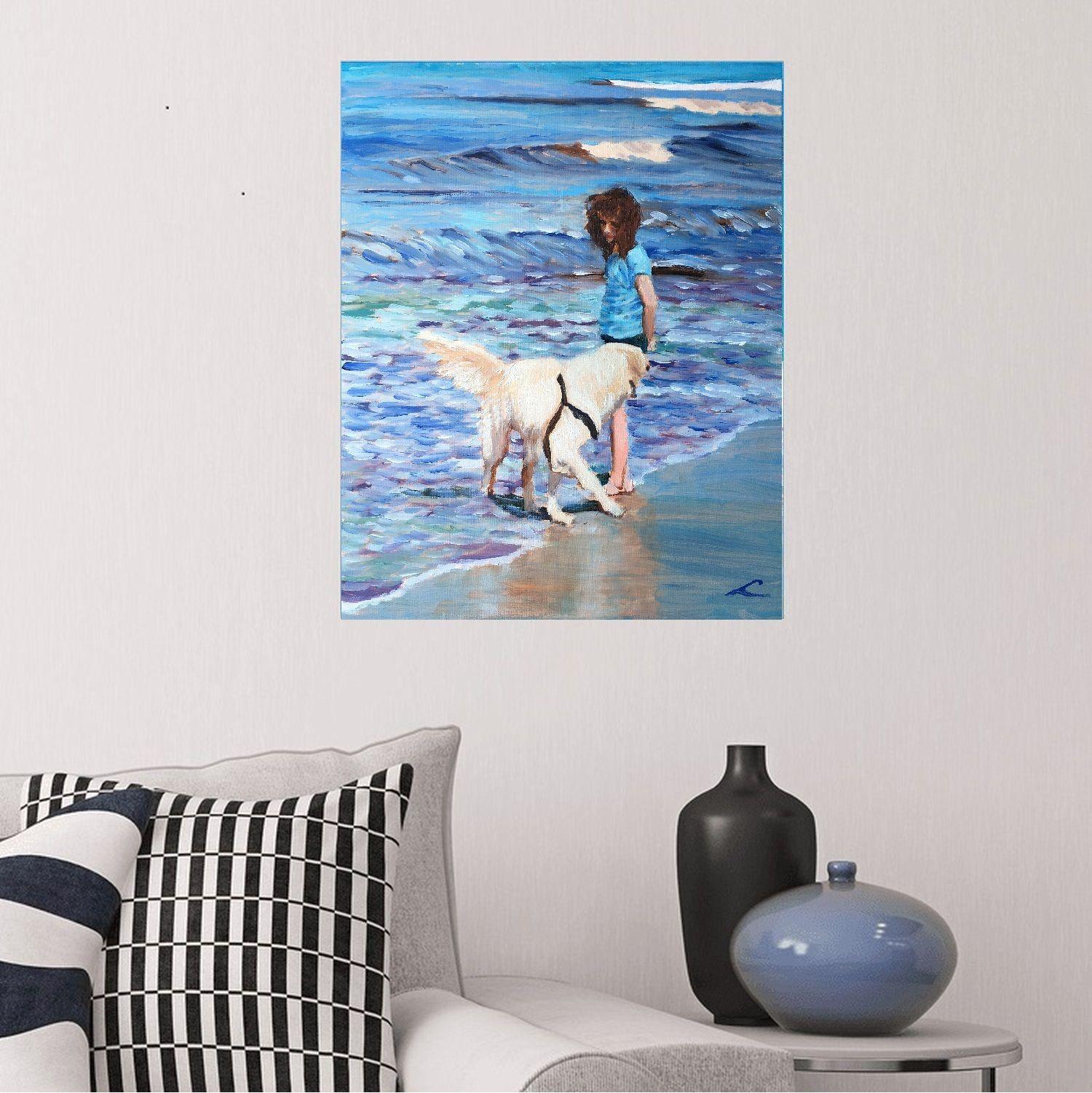 Peinture - Huile sur toile - Jeune fille avec un chien - Impressionnisme Painting par Elena Sokolova