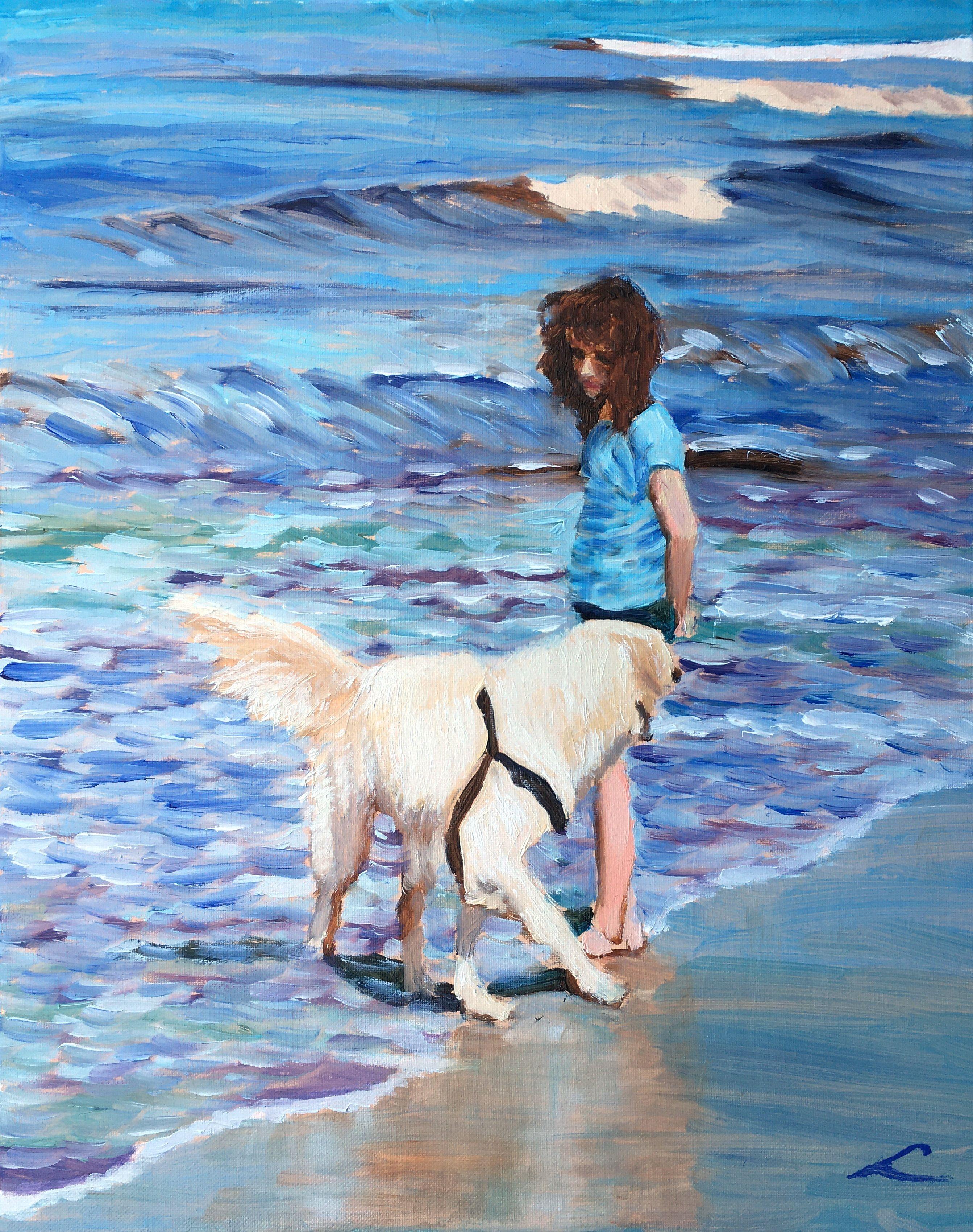 Art Print of Watercolor Painting Girl walking Dog on a beach Beach Girl Dog 
