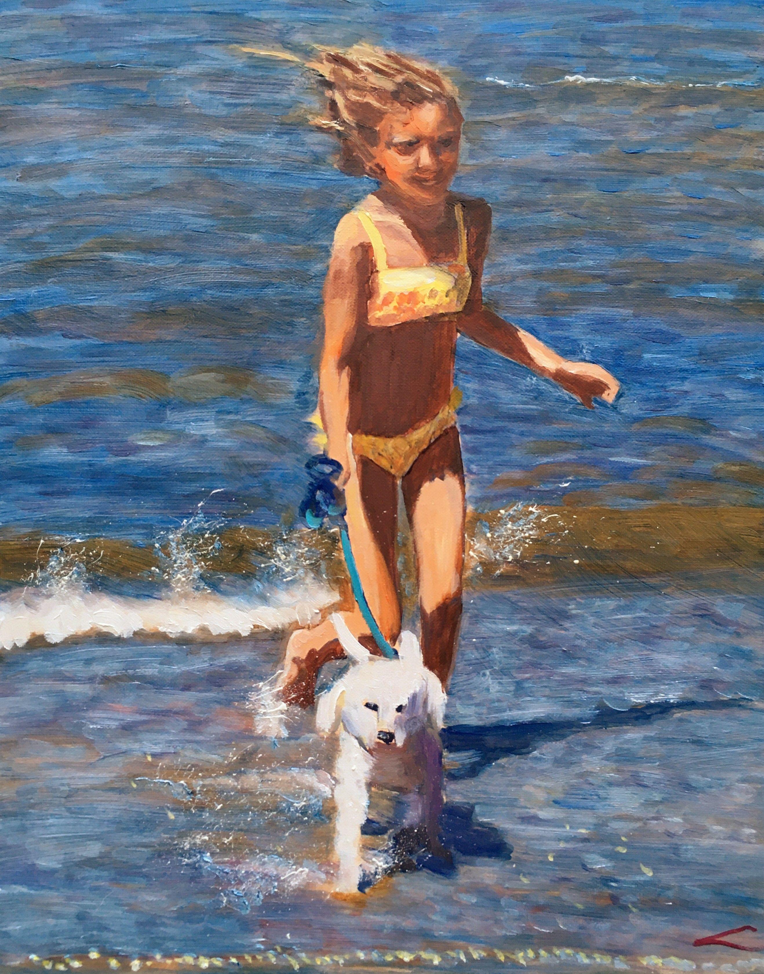 Girl with a doggy at the sea. Alla prima oil painting with few final tuches when dry. Beach Paintings always inspire thoughts of holidays, long walks, warm breezes and relaxation. beach and ocean themed paintings that will bring the outdoors inside