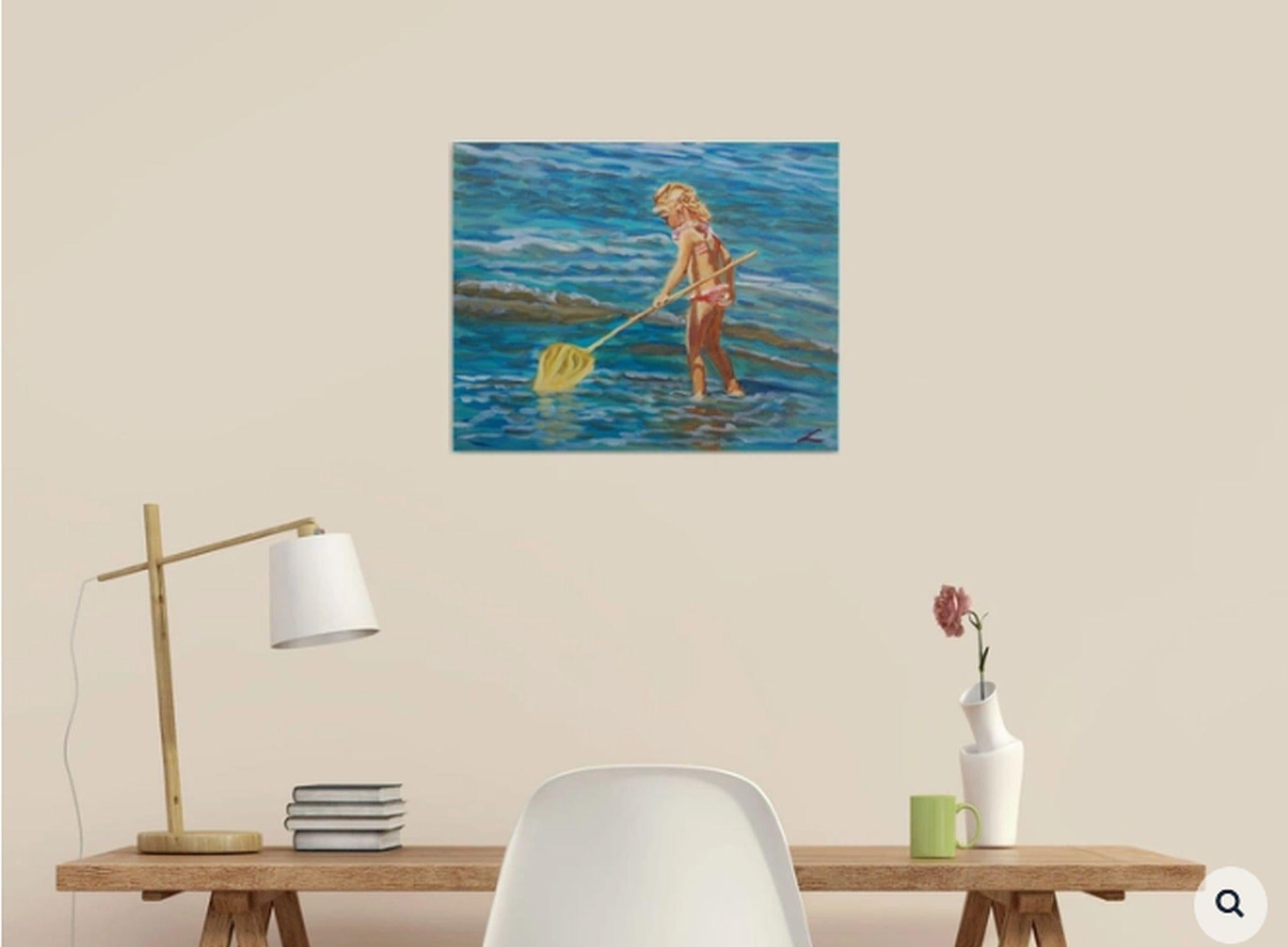 Ragazza con rete da pesca, Pittura, Olio su tela in vendita 1