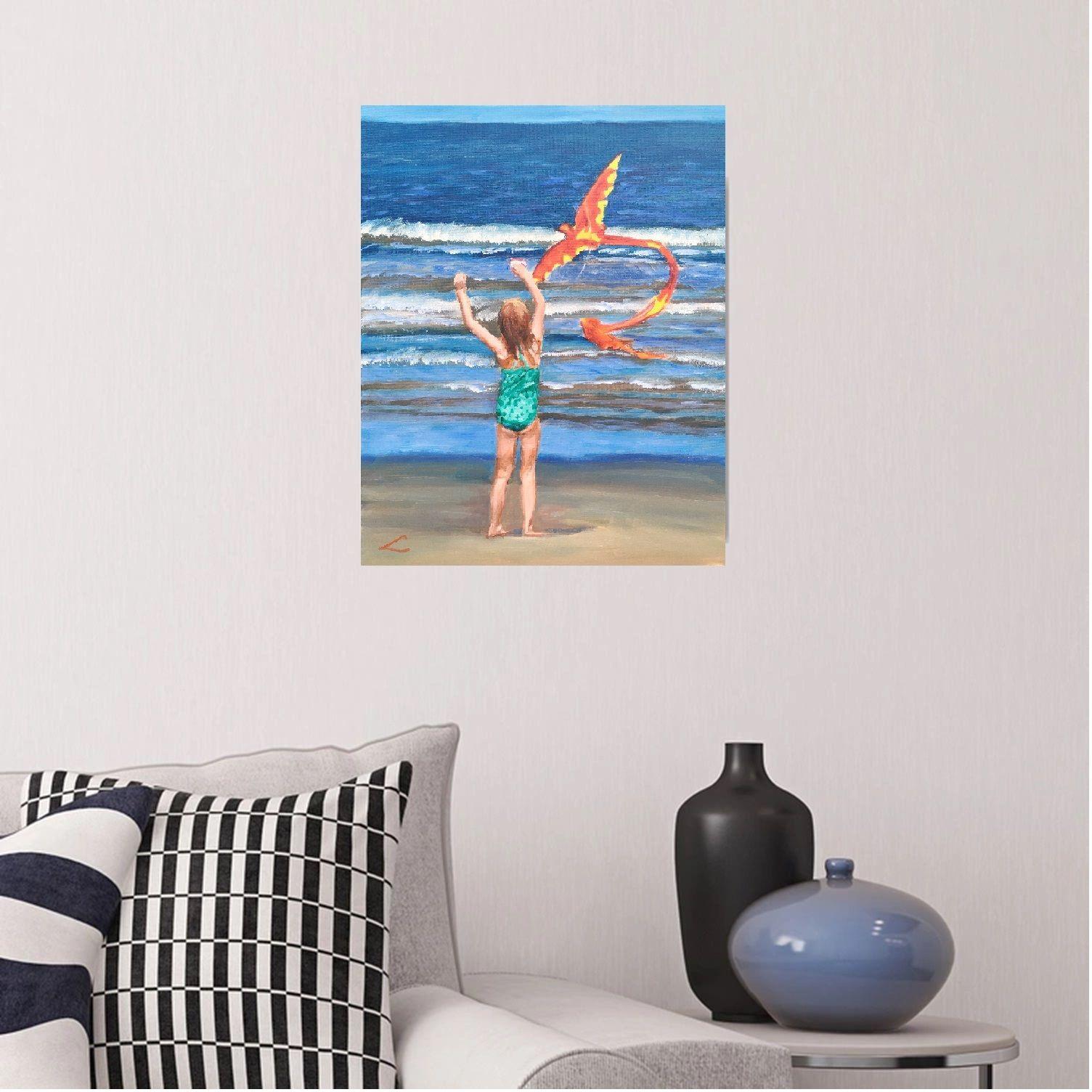 Mädchen mit einem kite auf dem Meer, Gemälde, Öl auf Leinwand (Impressionismus), Painting, von Elena Sokolova