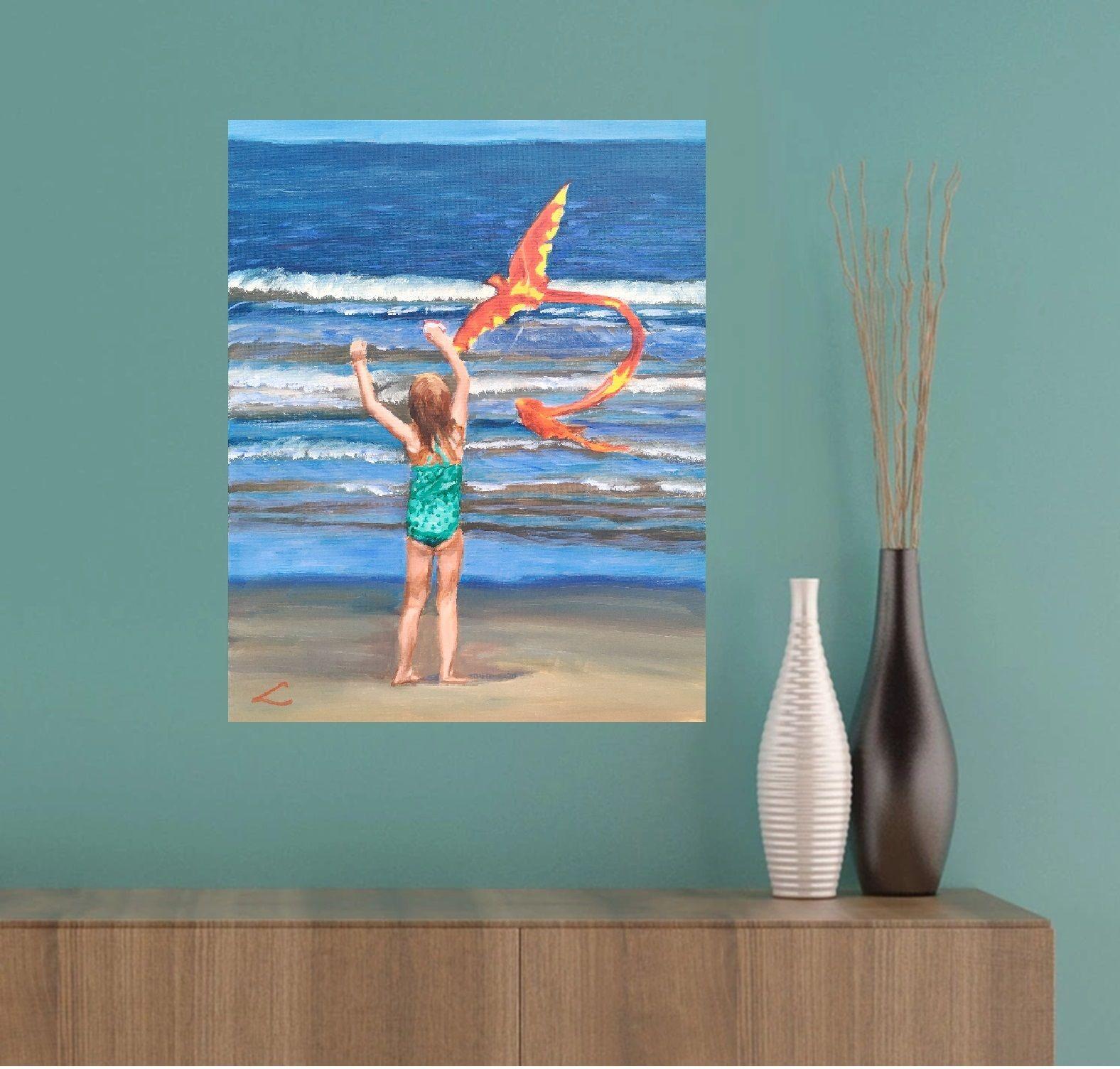 Mädchen mit einem kite auf dem Meer, Gemälde, Öl auf Leinwand im Angebot 1