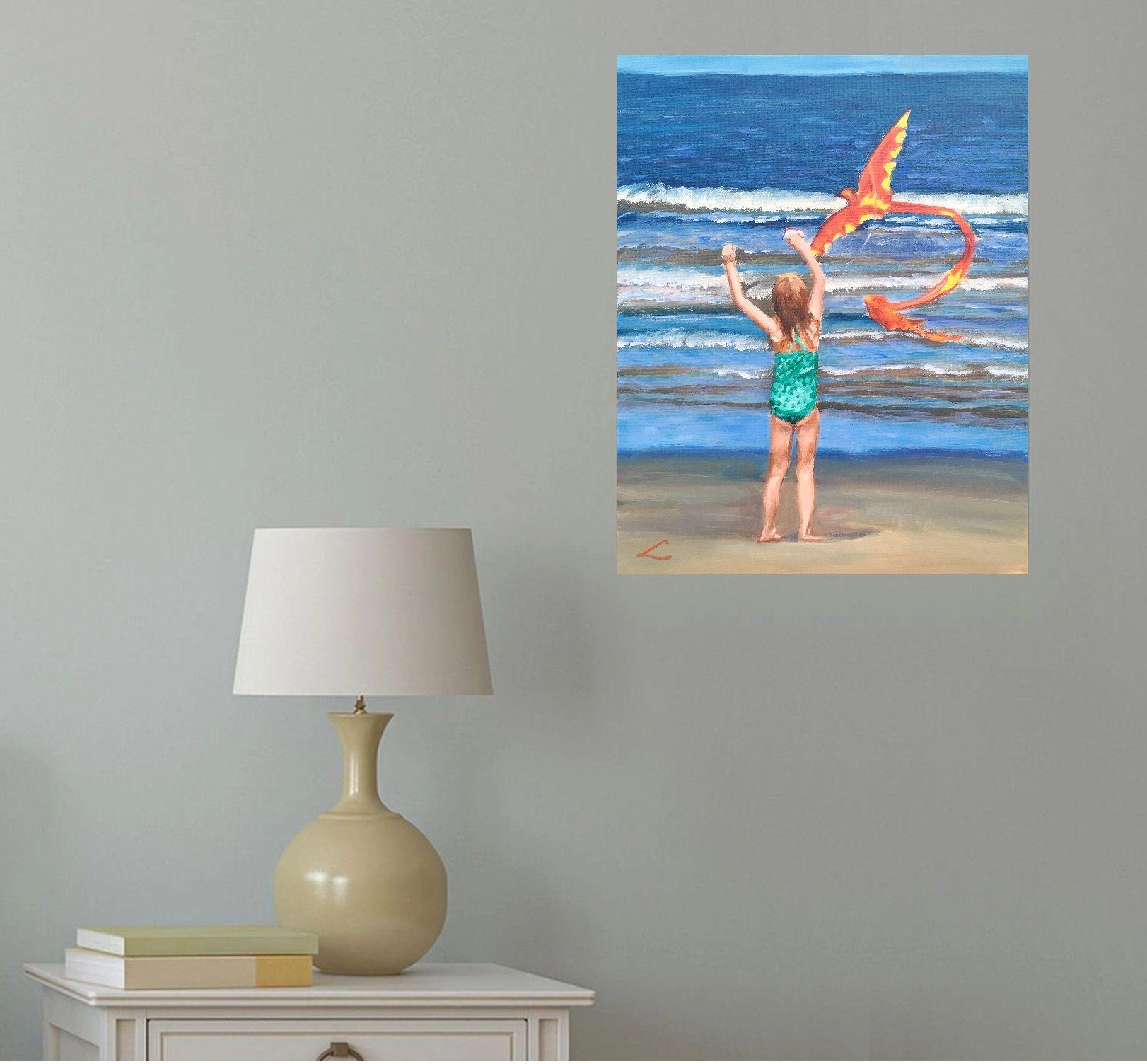 Mädchen mit einem kite auf dem Meer, Gemälde, Öl auf Leinwand im Angebot 2