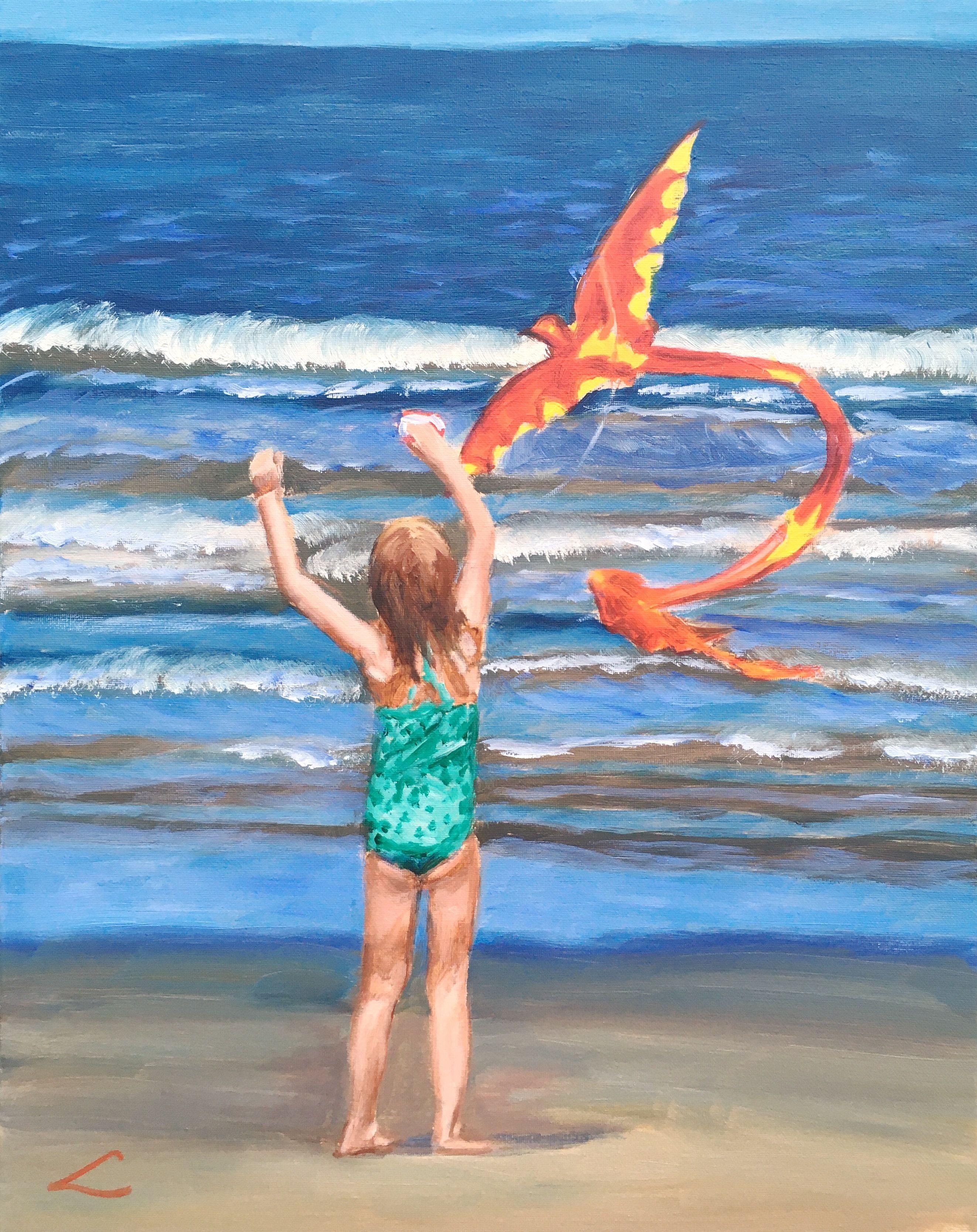 Girl with a kite at the sea, peinture, huile sur toile