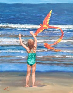 Girl with a kite at the sea, Painting, Oil on Canvas