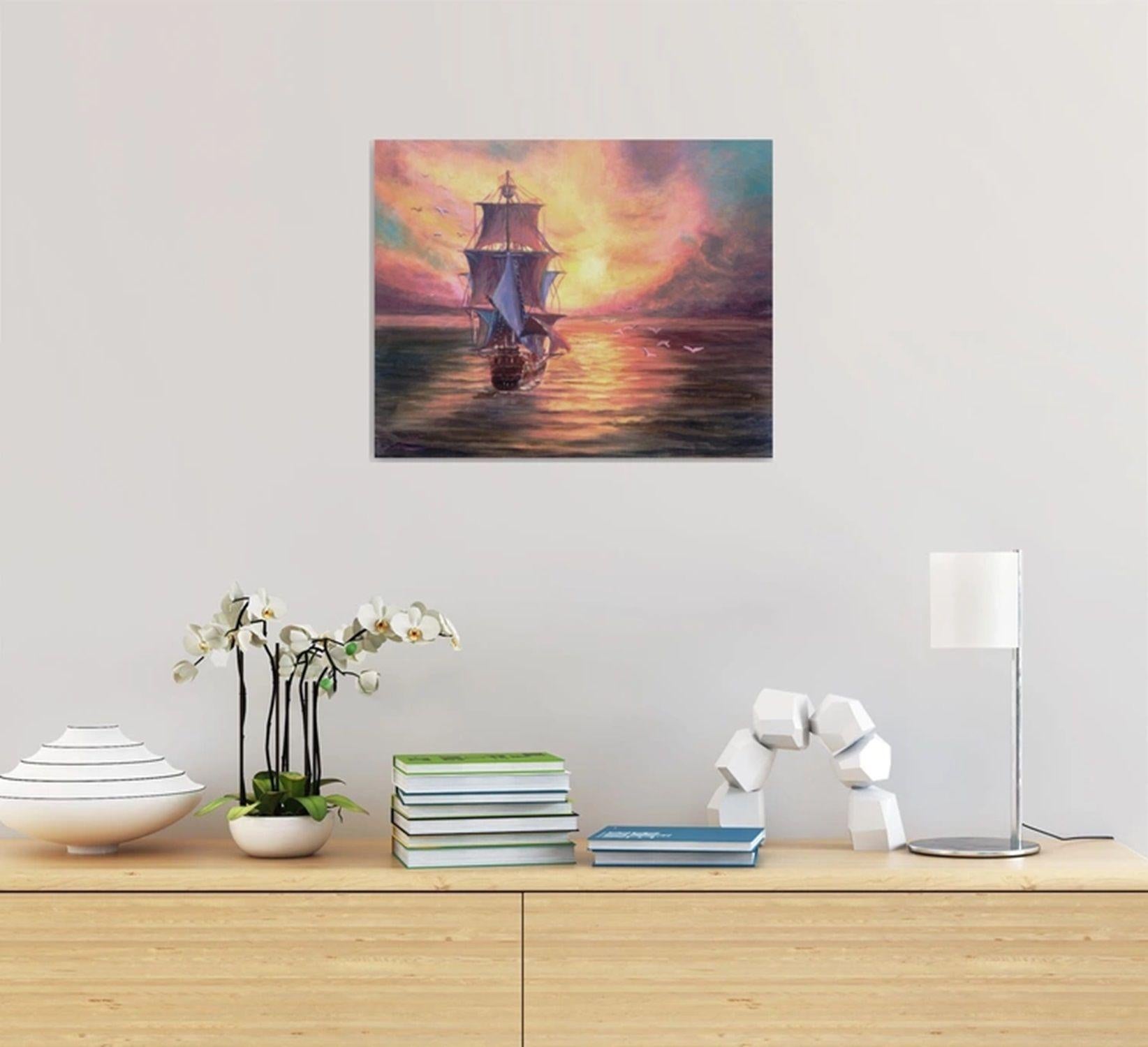 Going to sunrise, Gemälde, Öl auf Leinwand im Angebot 1