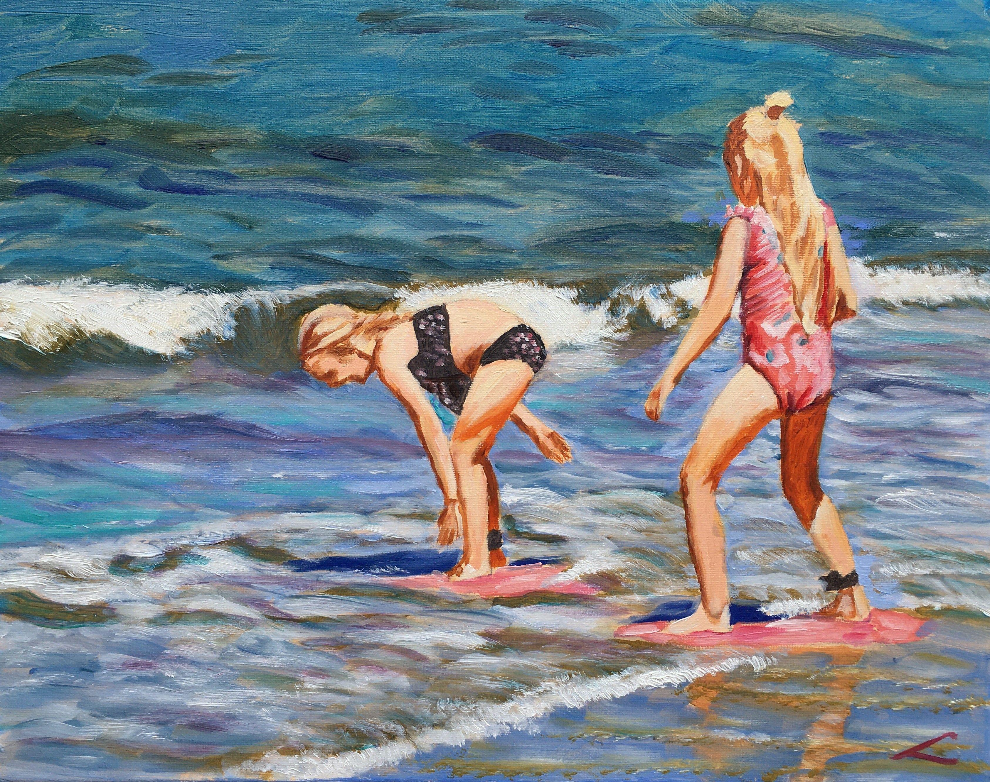 Two girls at the sea. Alla prima oil painting with few final touches when dry. Beautiful weather with a big shining sun. And I'm standing there taking it all in. The many spectacular sights jump at my eyes. Kids and dogs run around and splash each