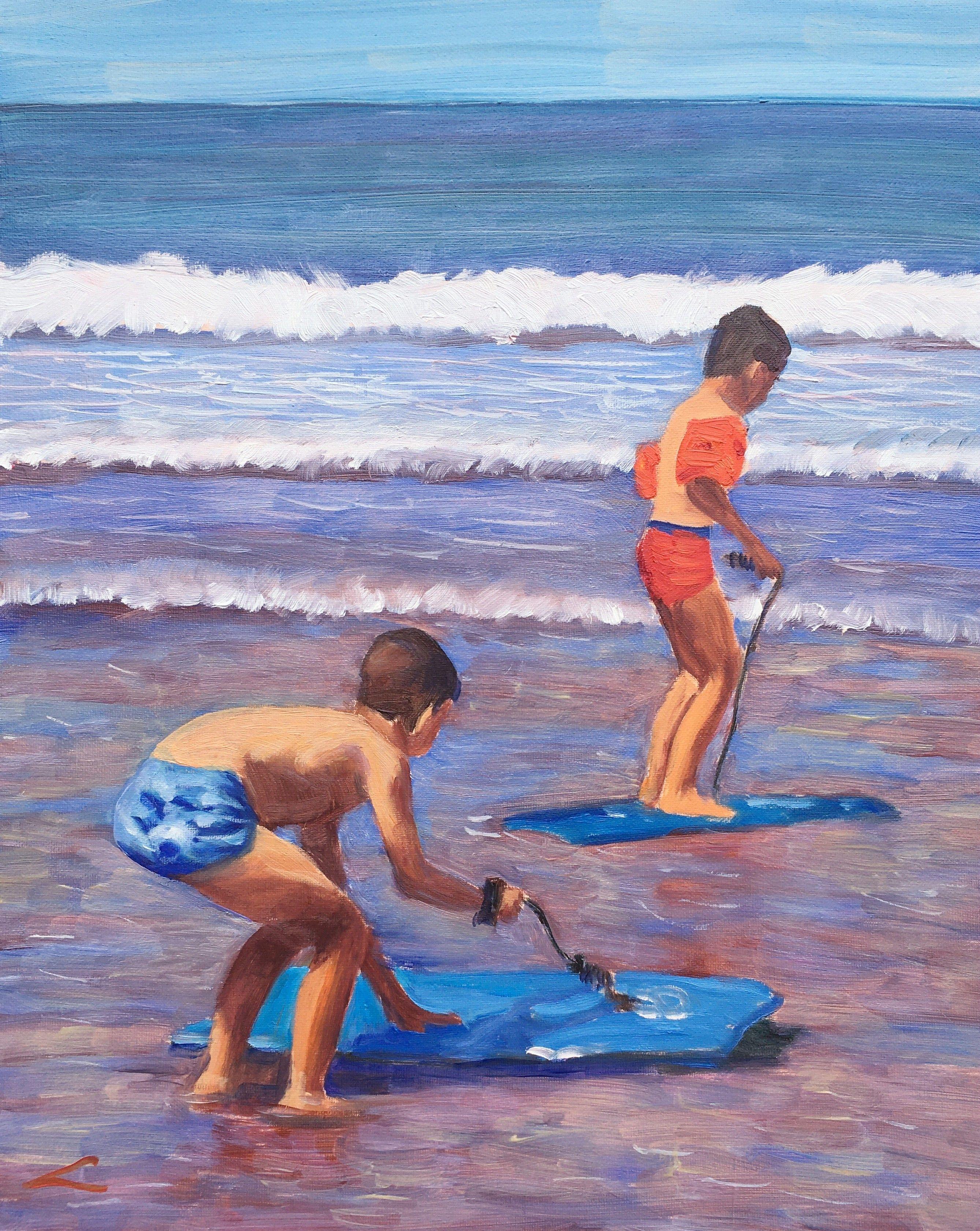 Two boys at the sea. Alla prima oil painting with few final tuches when dry.Beautiful weather with a big shining sun. And I'm standing there taking it all in.The many spectacular sights jump at my eyes. Kids and dogs run around and splash each other