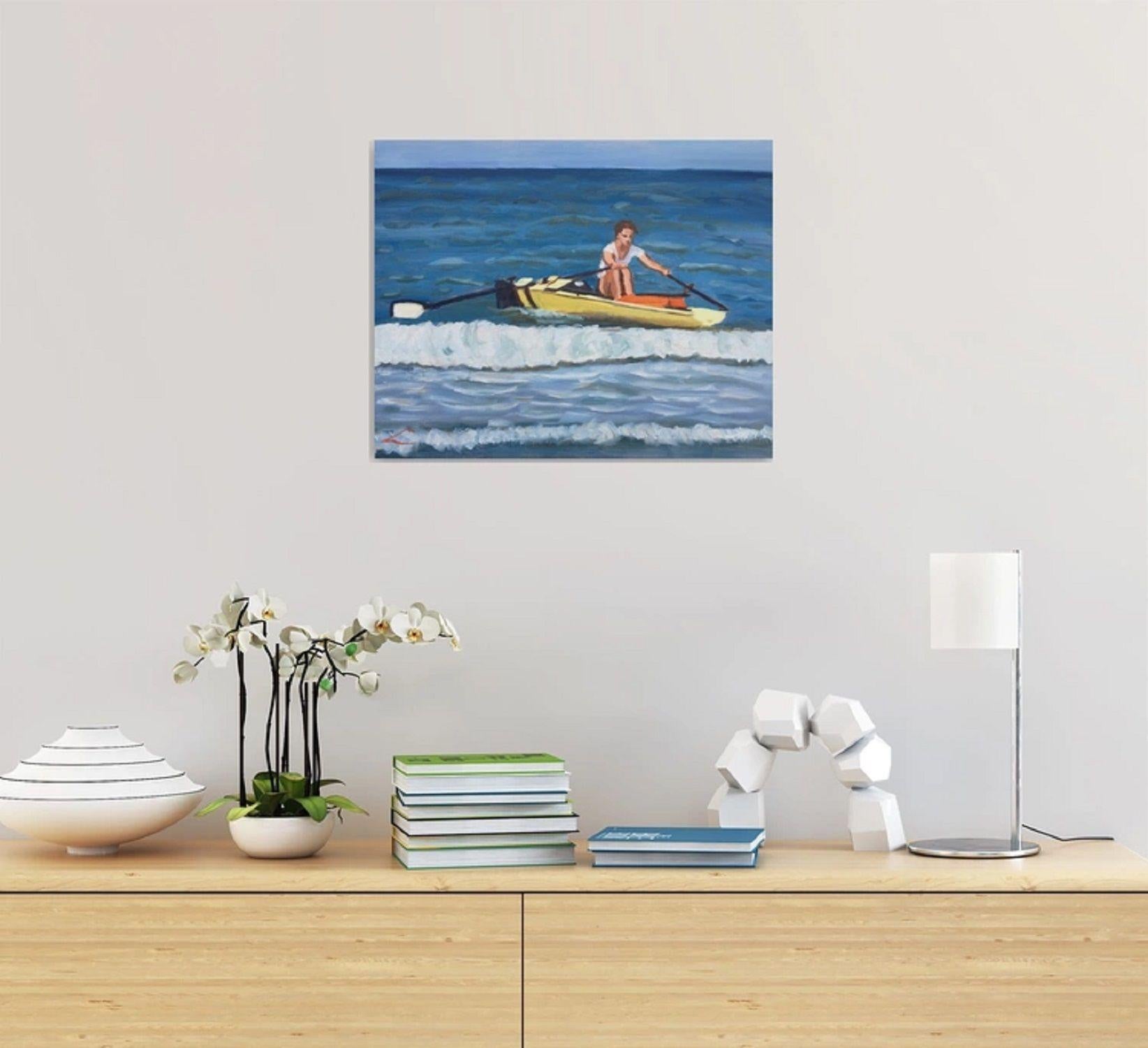 Mädchen, Kanufahren auf dem Meer, gemalt mit Öl auf Leinwand :: Gemälde :: Impressionist :: Dieses Werk wird mit einem offiziellen, vom Künstler unterzeichneten Echtheitszertifikat geliefert :: Bereit zum Aufhängen: Ja :: Signiert: Ja :: Ort der