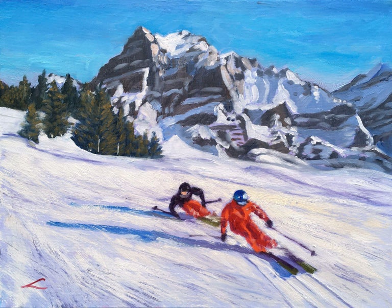 Elena Sokolova – Happy Skifahren, Gemälde, Öl auf Leinwand im Angebot bei  1stDibs
