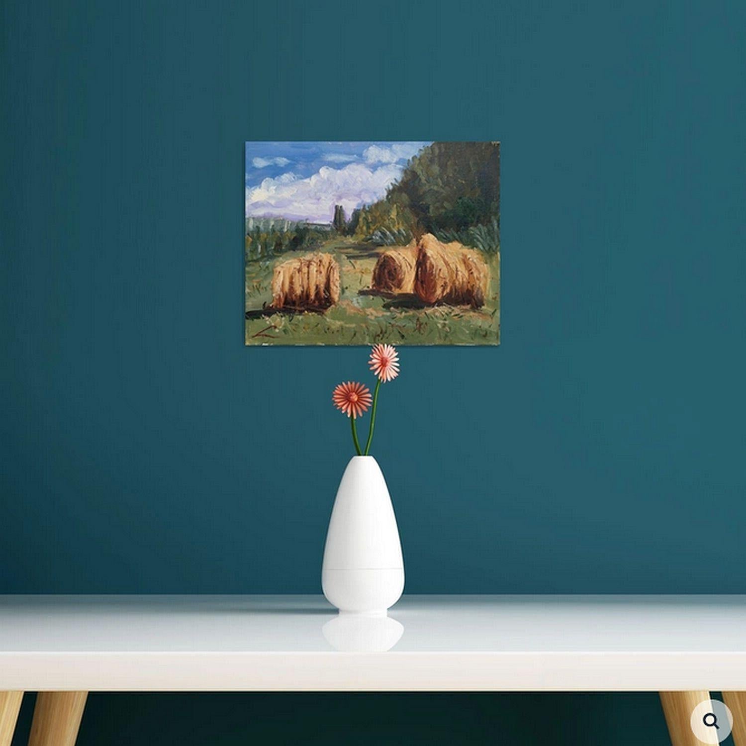 Plain Air Öl auf Leinwand Gemälde der Landschaft mit Heuhaufen.  :: Gemälde :: Impressionist :: Dieses Werk wird mit einem offiziellen, vom Künstler unterzeichneten Echtheitszertifikat geliefert :: Bereit zum Aufhängen: Ja :: Signiert: Ja :: Ort der