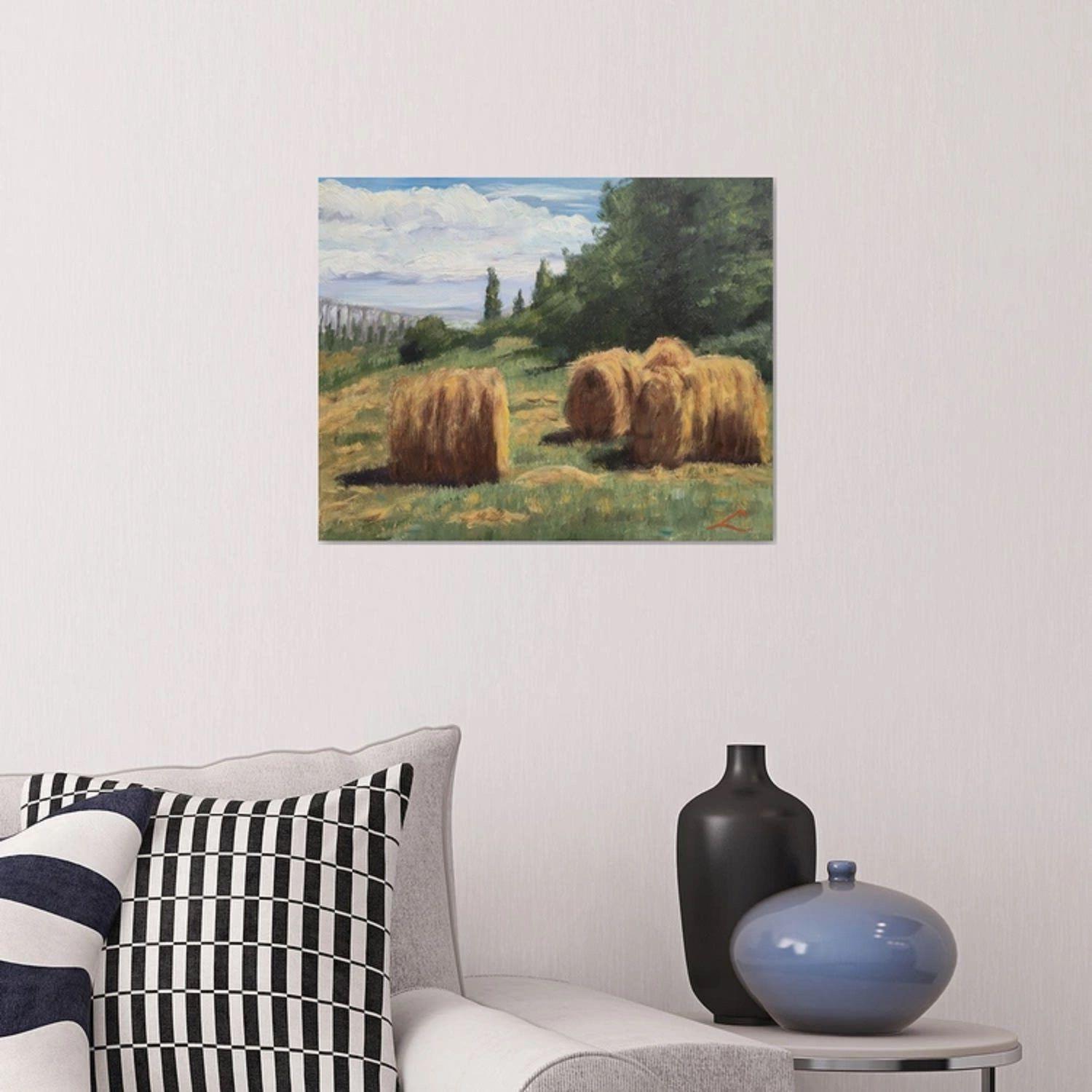 Studio Öl auf Leinwand Gemälde der Landschaft mit Heuhaufen, nach der Luft vor Ort gemacht :: Malerei :: Impressionist :: Dieses Stück kommt mit einem offiziellen Echtheitszertifikat vom Künstler unterzeichnet :: Bereit zum Aufhängen: Ja ::
