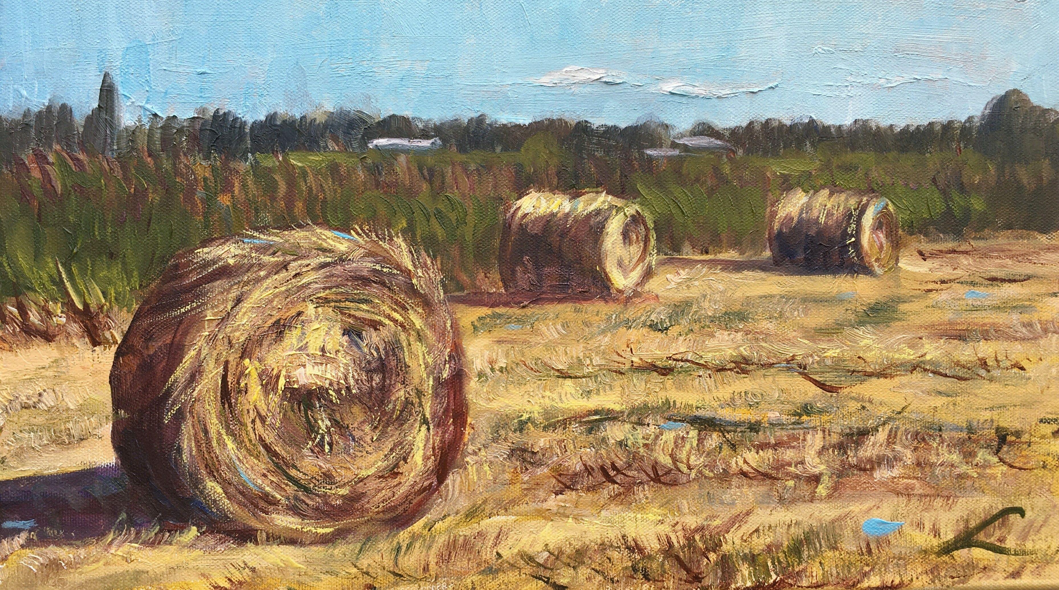 Haystacks in Westland 2021, Gemälde, Öl auf Leinwand