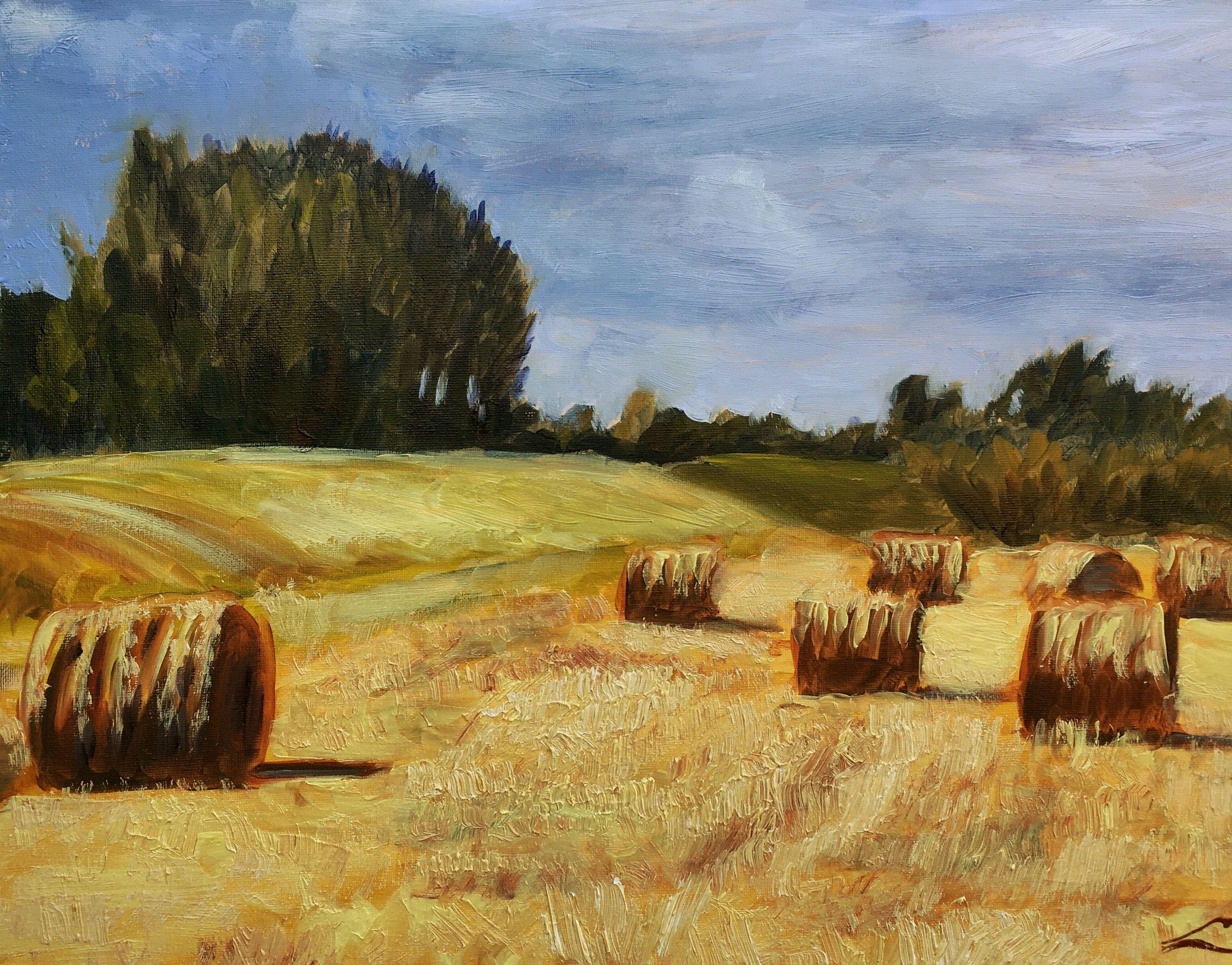 Elena Sokolova Landscape Painting - Haystacks in Westland, Painting, Oil on Canvas