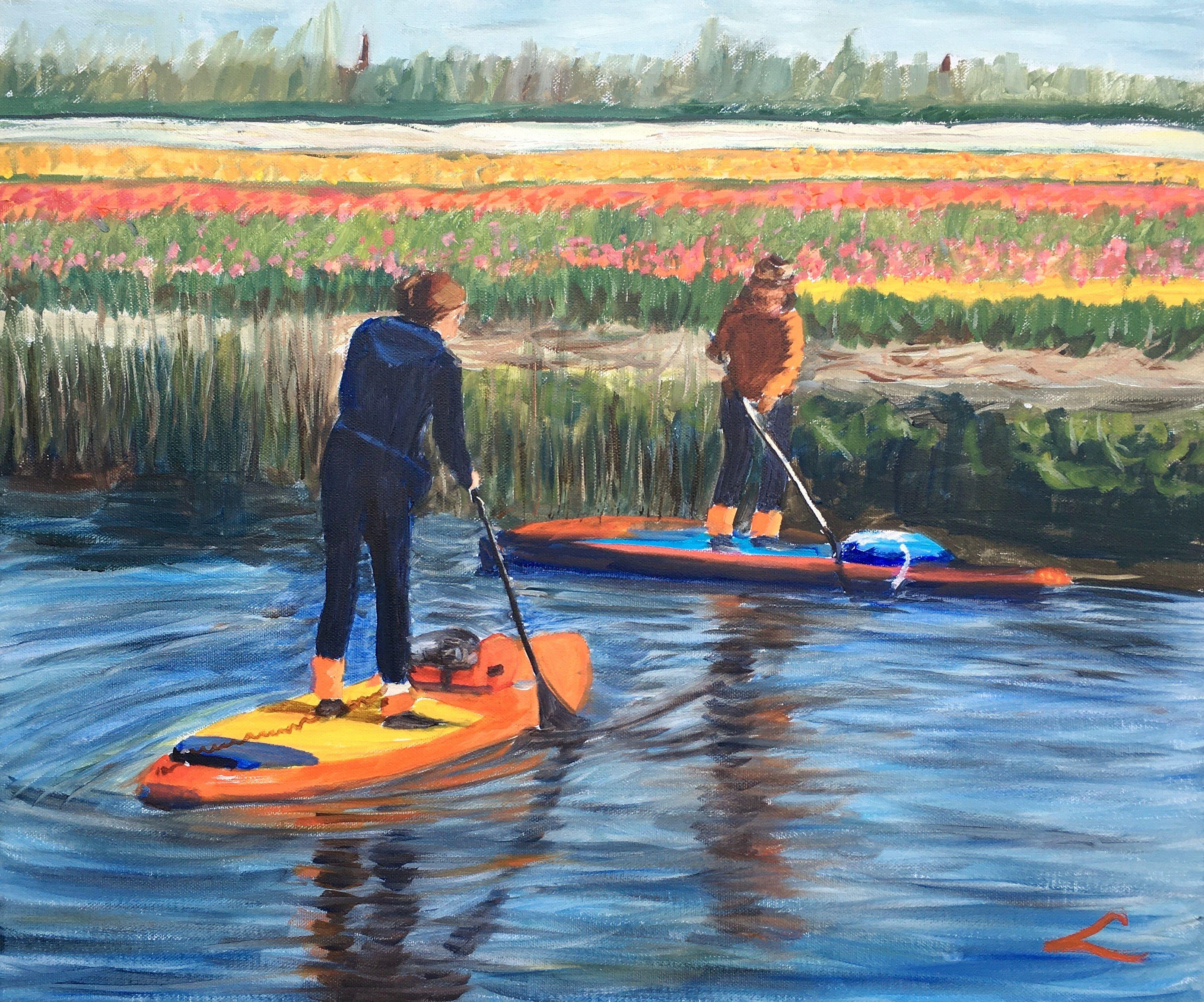 Two girls riding kayaks along the spring channel at tulip fields. :: Painting :: Impressionist :: This piece comes with an official certificate of authenticity signed by the artist :: Ready to Hang: Yes :: Signed: Yes :: Signature Location: on front