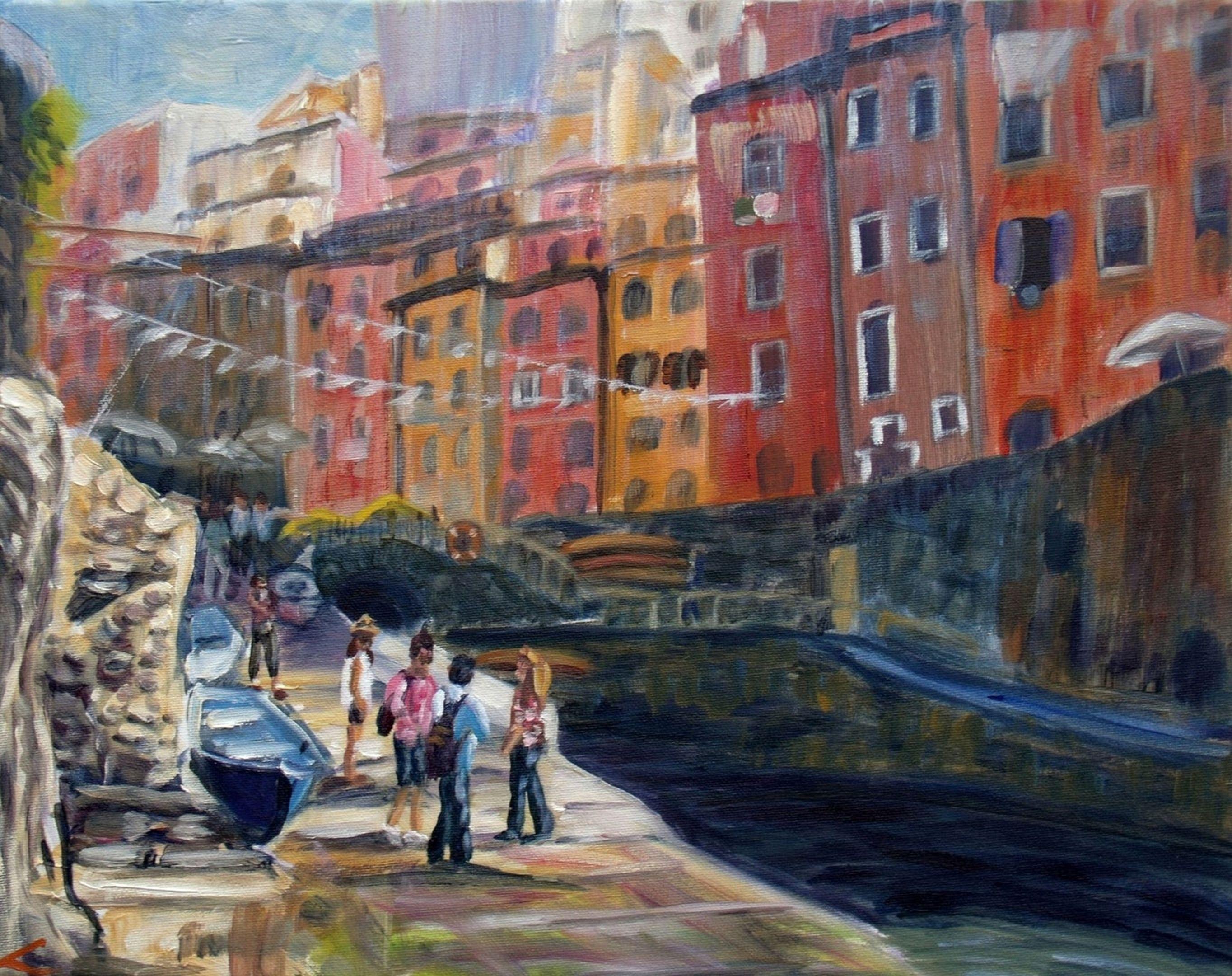 Cityscape with people, river, boats, painted by oil on canvas. :: Painting :: Impressionist :: This piece comes with an official certificate of authenticity signed by the artist :: Ready to Hang: Yes :: Signed: Yes :: Signature Location: on front ::