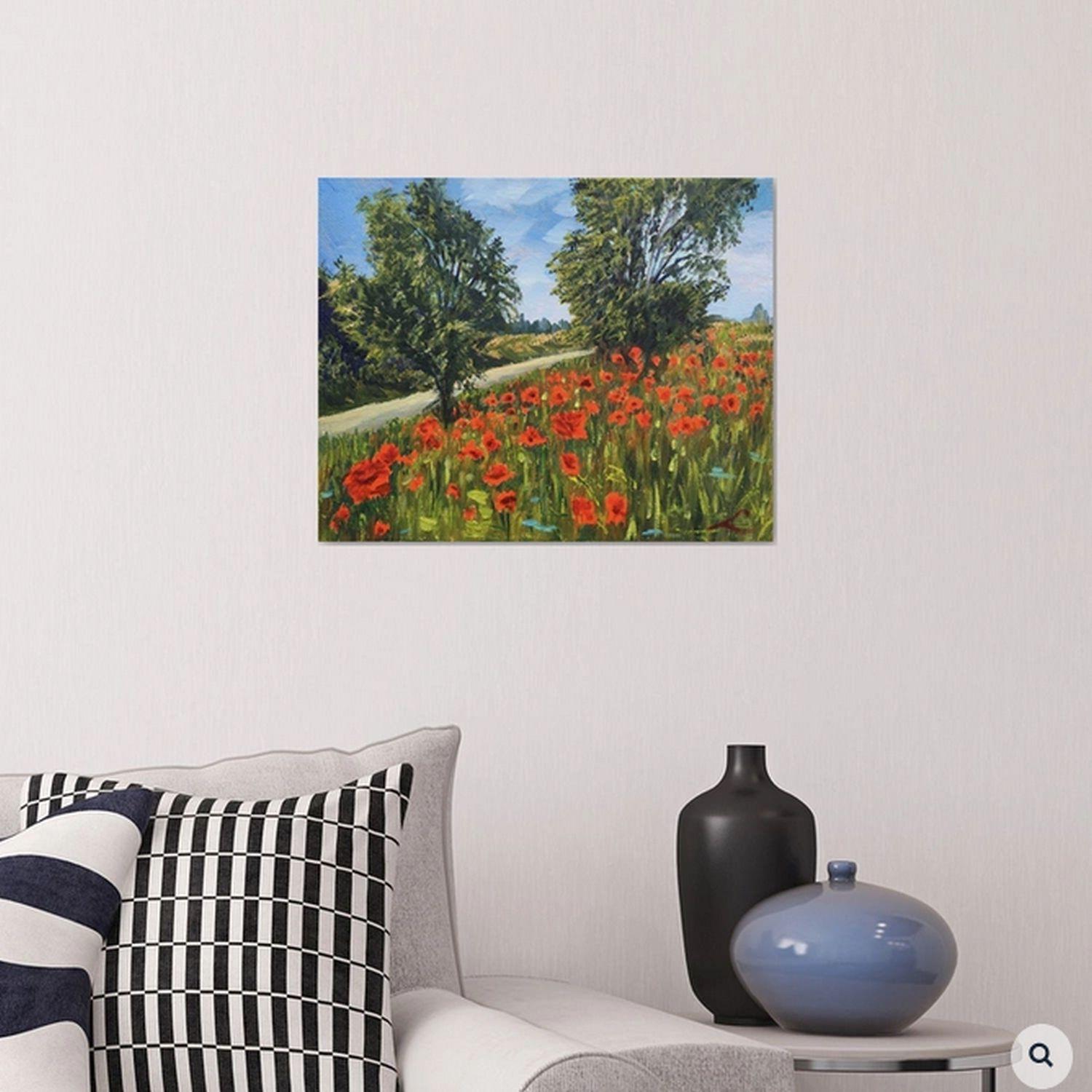 Sommerlandschaft mit Mohnblumen, gemalt mit Öl auf Juteleinwand :: Gemälde :: Impressionist :: Dieses Werk wird mit einem offiziellen, vom Künstler unterzeichneten Echtheitszertifikat geliefert :: Bereit zum Aufhängen: Ja :: Signiert: Ja :: Ort der