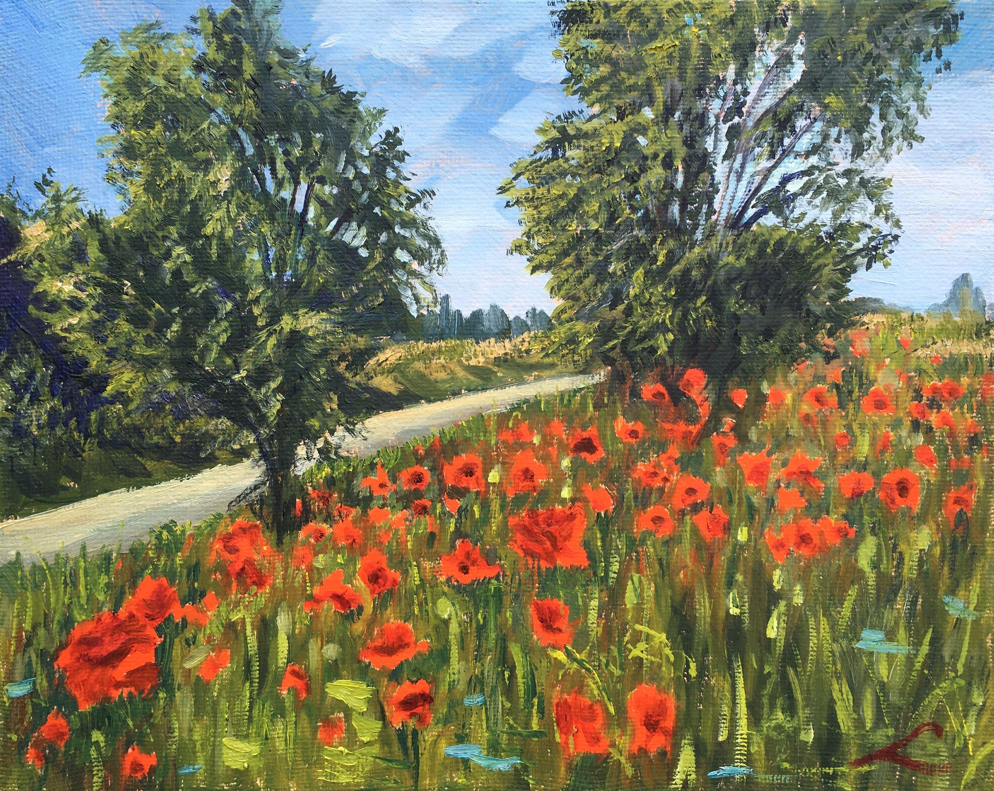 Summer landscape with poppies, painted by oil on jute canvas :: Painting :: Impressionist :: This piece comes with an official certificate of authenticity signed by the artist :: Ready to Hang: Yes :: Signed: Yes :: Signature Location: on front ::