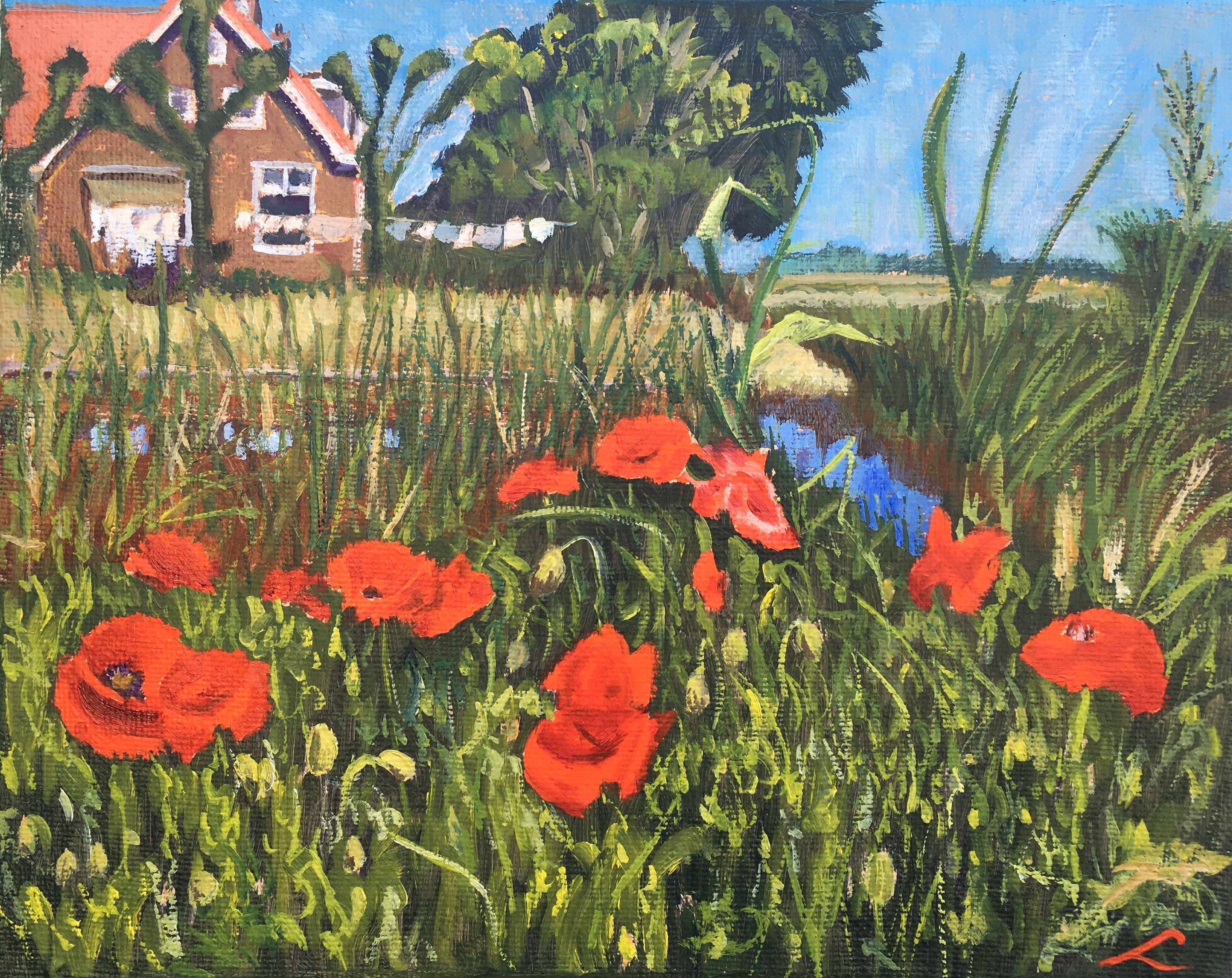 Summer landscape with poppies, painted by oil on jute canvas :: Painting :: Impressionist :: This piece comes with an official certificate of authenticity signed by the artist :: Ready to Hang: Yes :: Signed: Yes :: Signature Location: on front ::