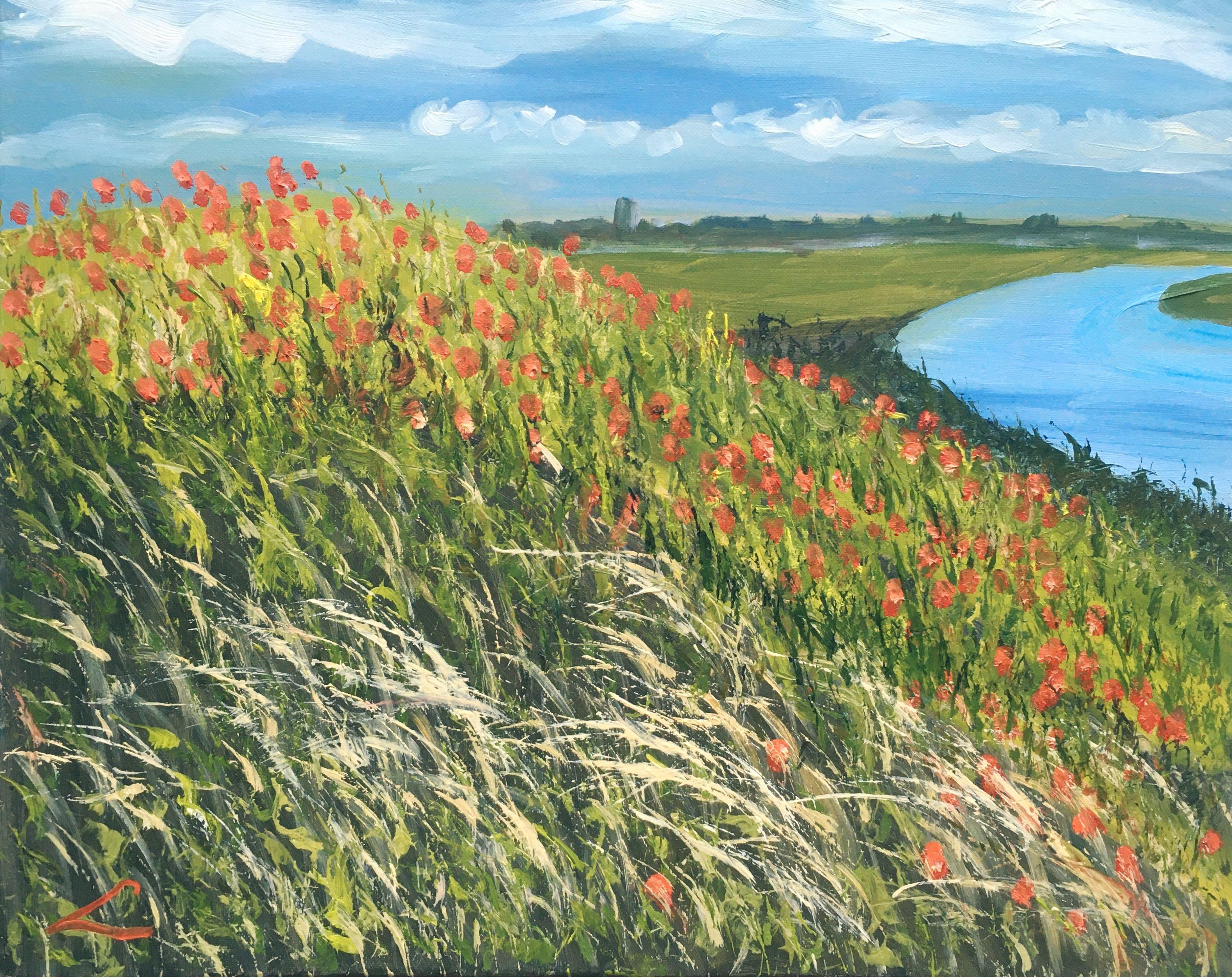 Landschaft mit Mohnblumen 4, Gemälde, Öl auf Leinwand