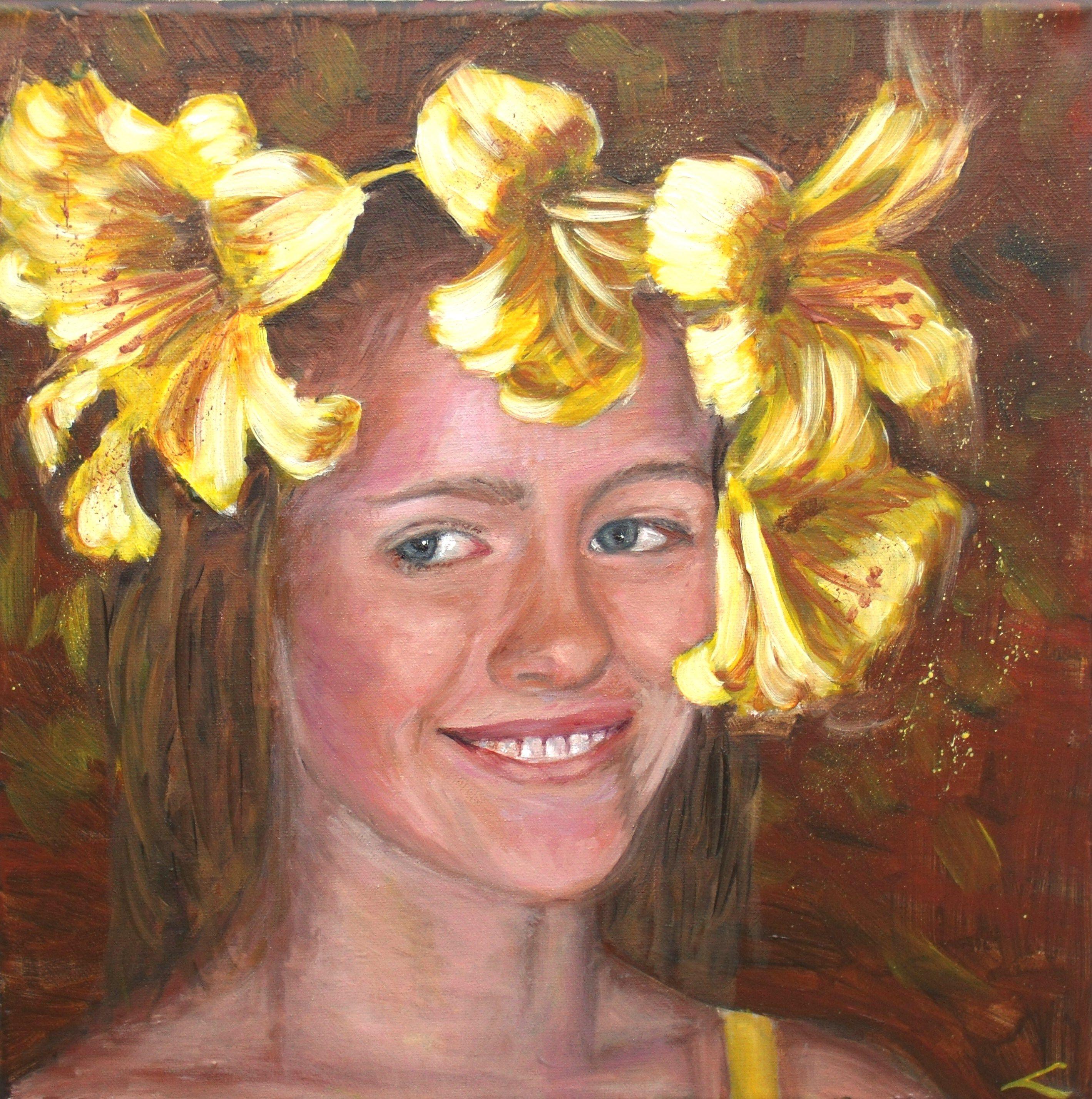 Oil on canvas portrait of a amiling girl with lilies on her head. :: Painting :: Impressionist :: This piece comes with an official certificate of authenticity signed by the artist :: Ready to Hang: Yes :: Signed: Yes :: Signature Location: on front