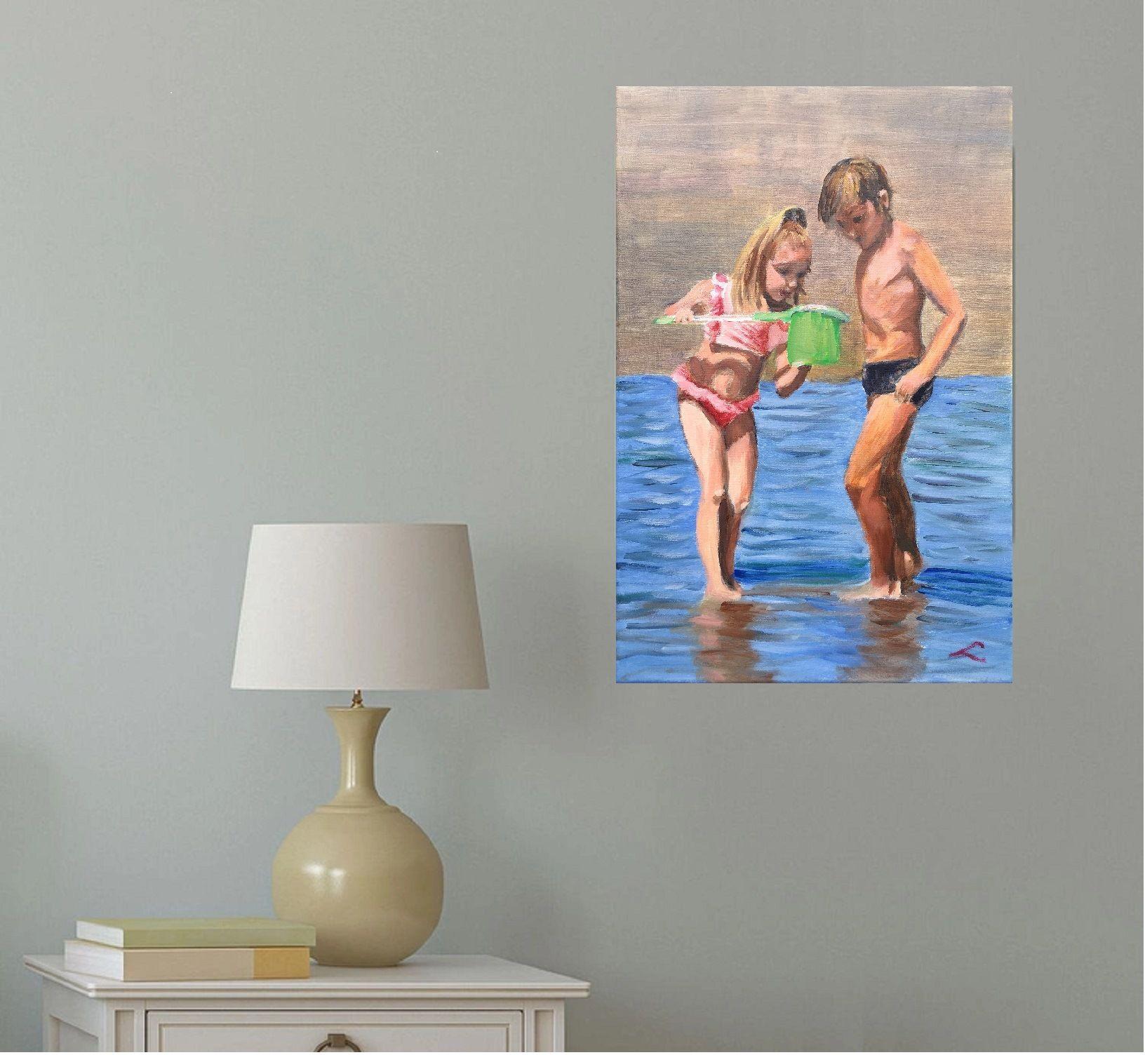 Two children, a girl and a boy, at the sea, painted by oil on canvas. :: Painting :: Impressionist :: This piece comes with an official certificate of authenticity signed by the artist :: Ready to Hang: Yes :: Signed: Yes :: Signature Location: on